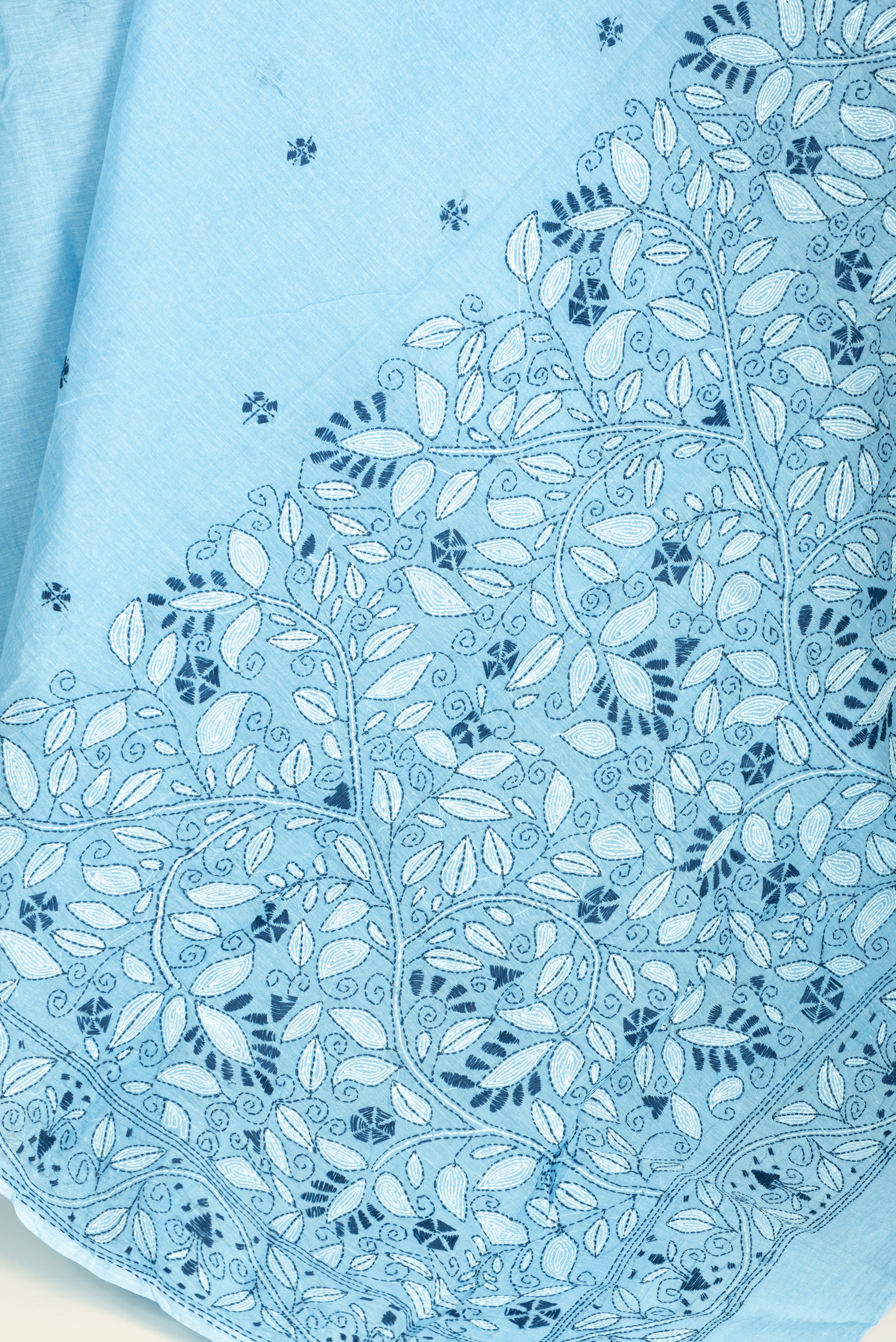 Misty Blue Bengal Kantha Stitch Pure Cotton Saree