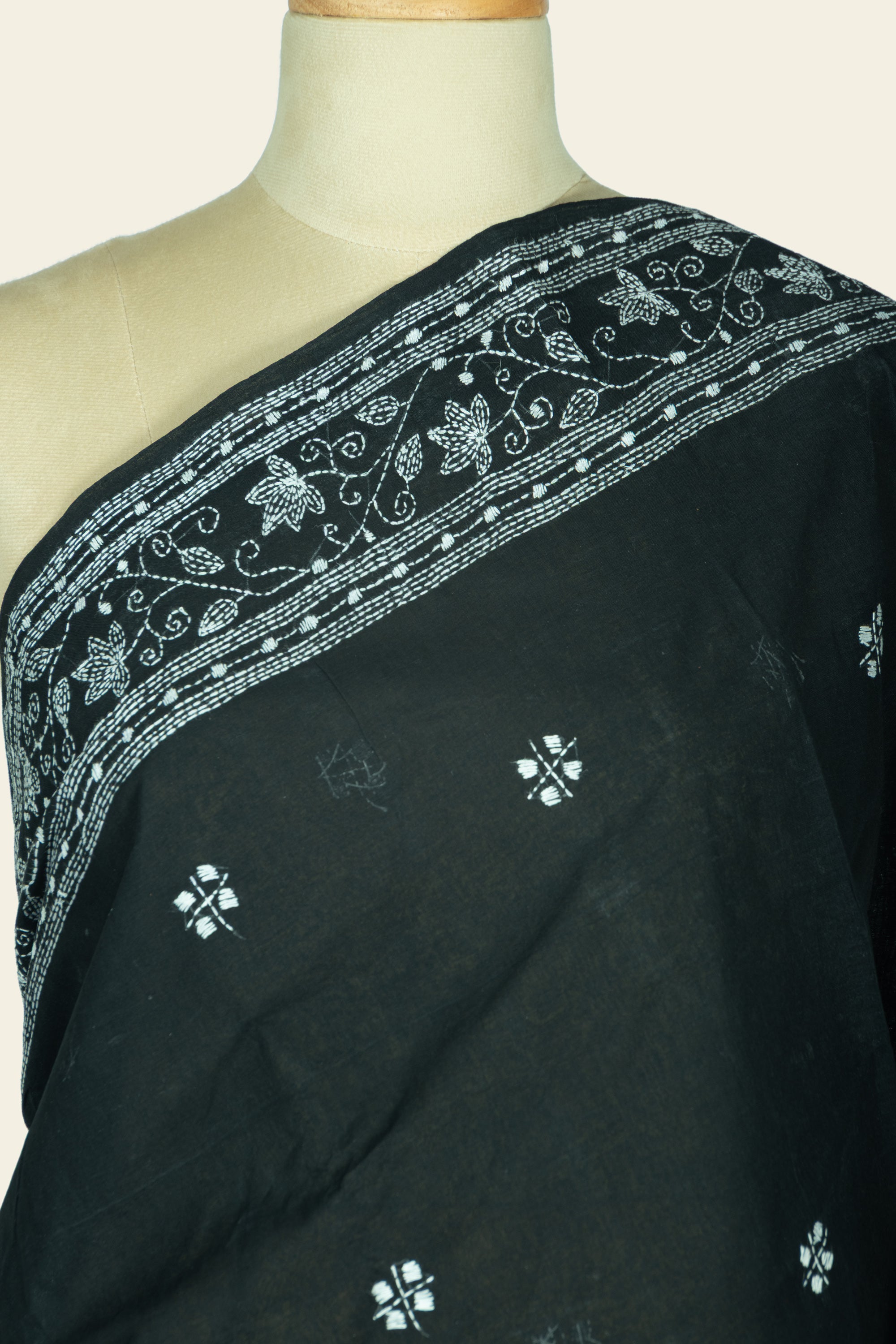 Jet Black Bengal Kantha Stitch Pure Cotton Saree
