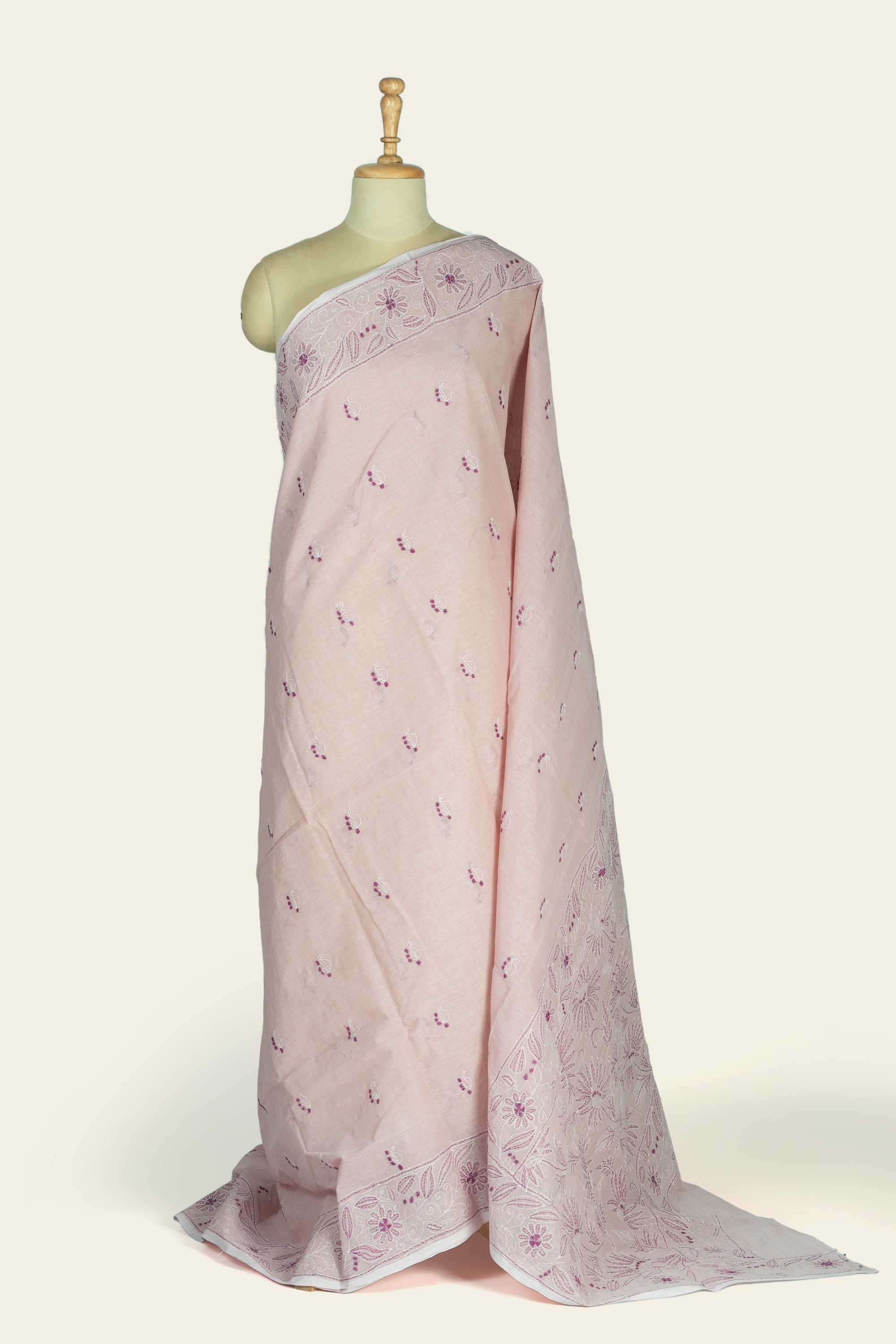 Soft Pink Bengal Kantha Stitch Pure Cotton Saree