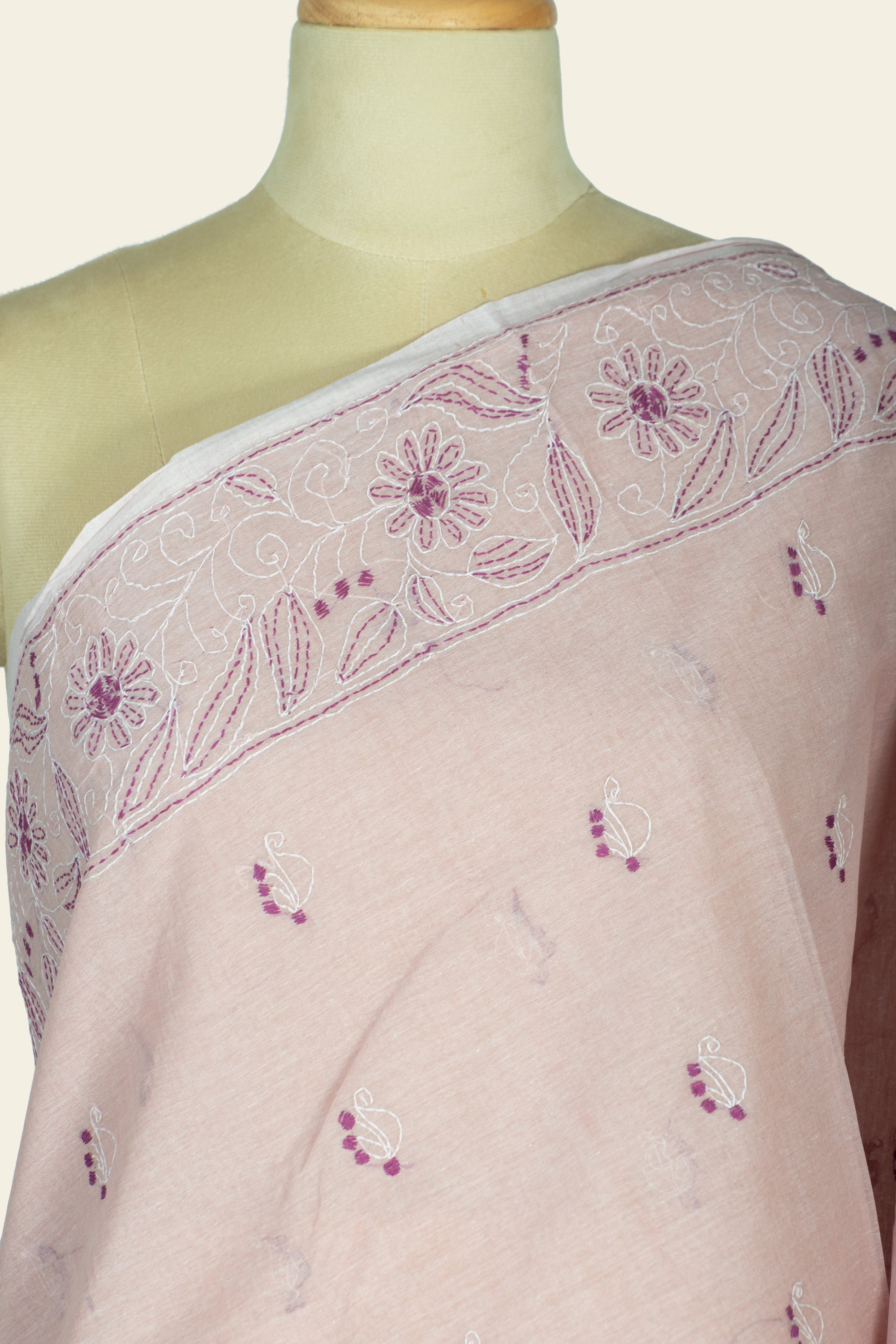 Soft Pink Bengal Kantha Stitch Pure Cotton Saree