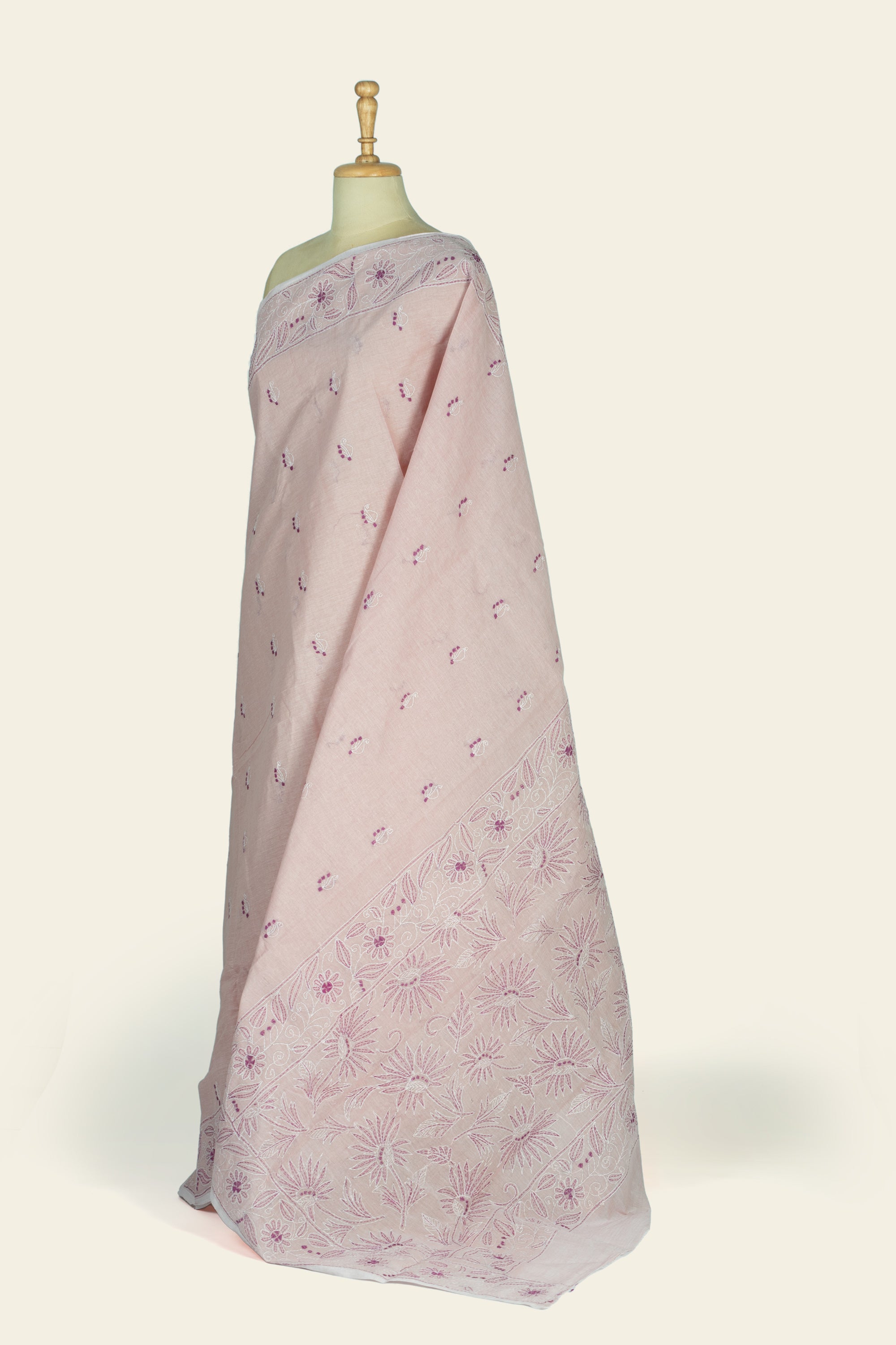 Soft Pink Bengal Kantha Stitch Pure Cotton Saree