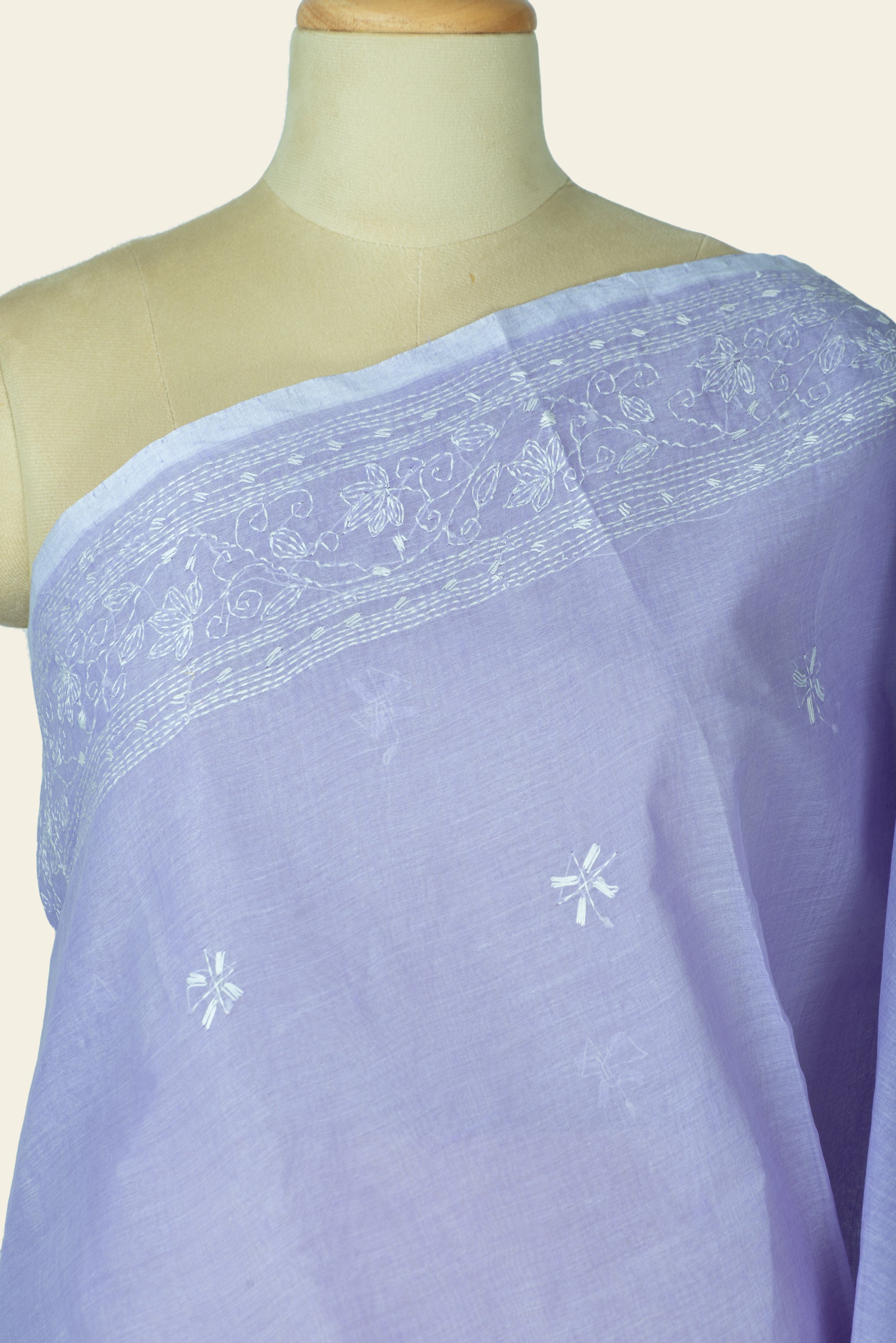 Light Lavender Bengal Kantha Stitch Pure Cotton Saree