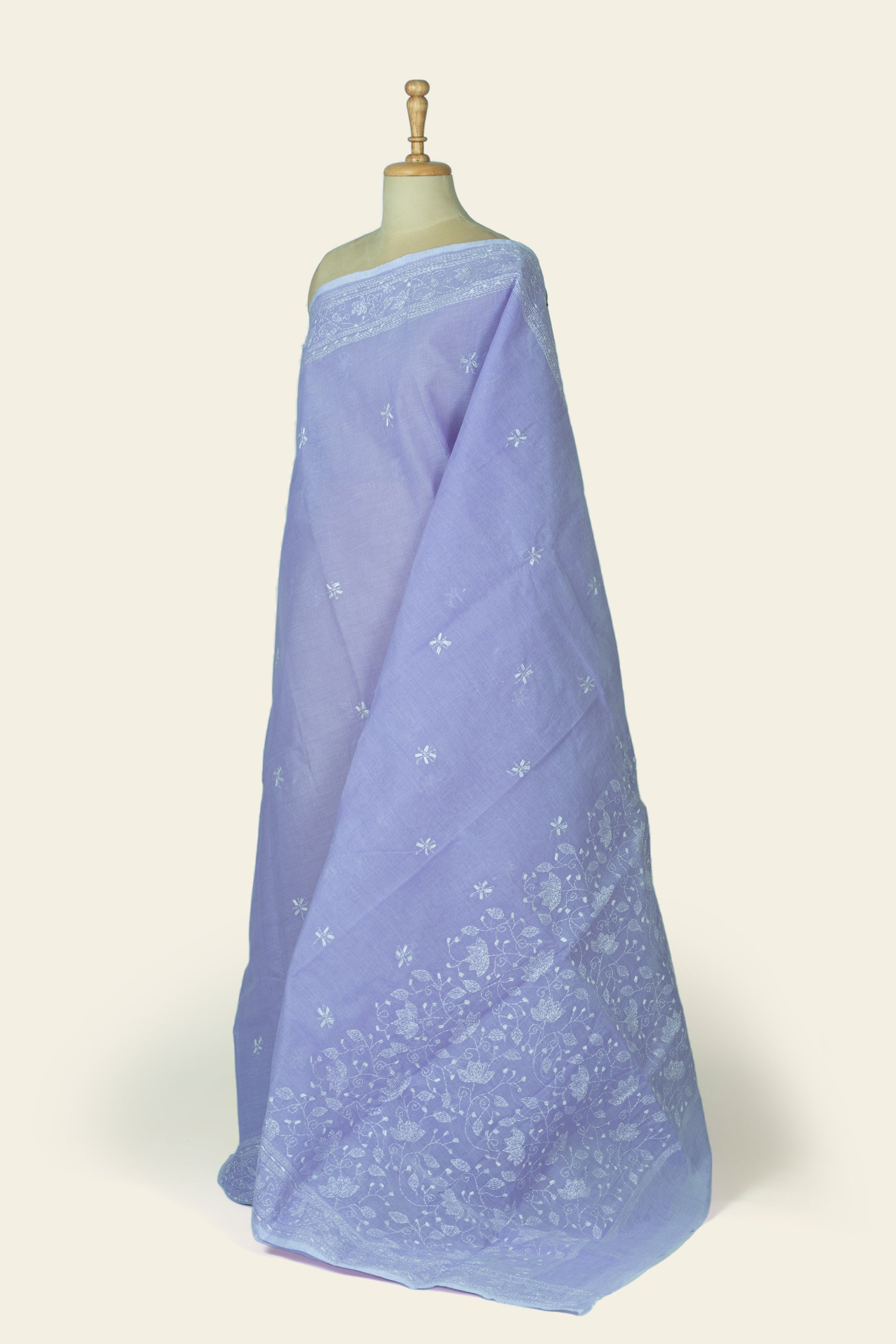 Light Lavender Bengal Kantha Stitch Pure Cotton Saree