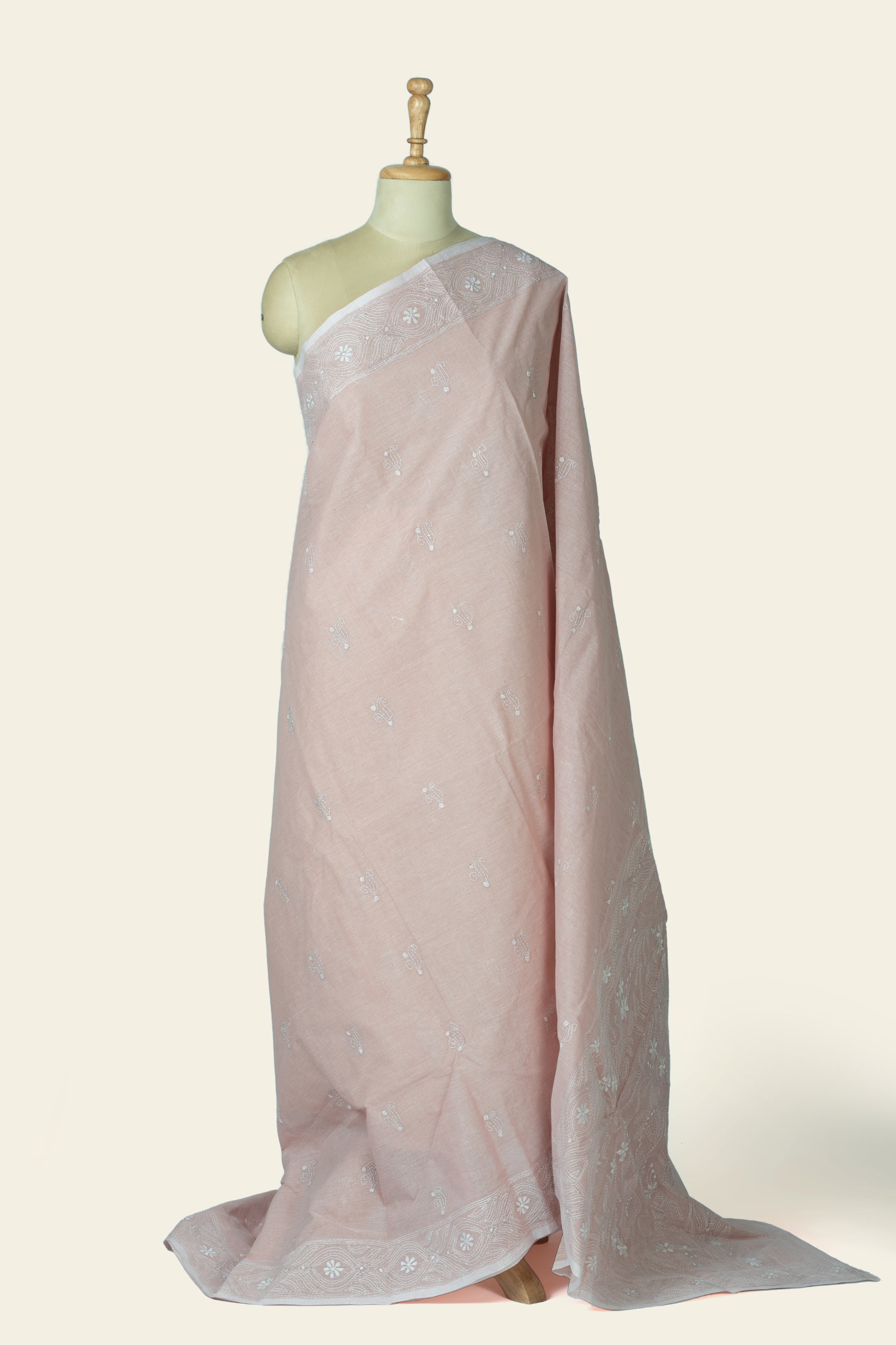 Peach Bengal Kantha Stitch Pure Cotton Saree
