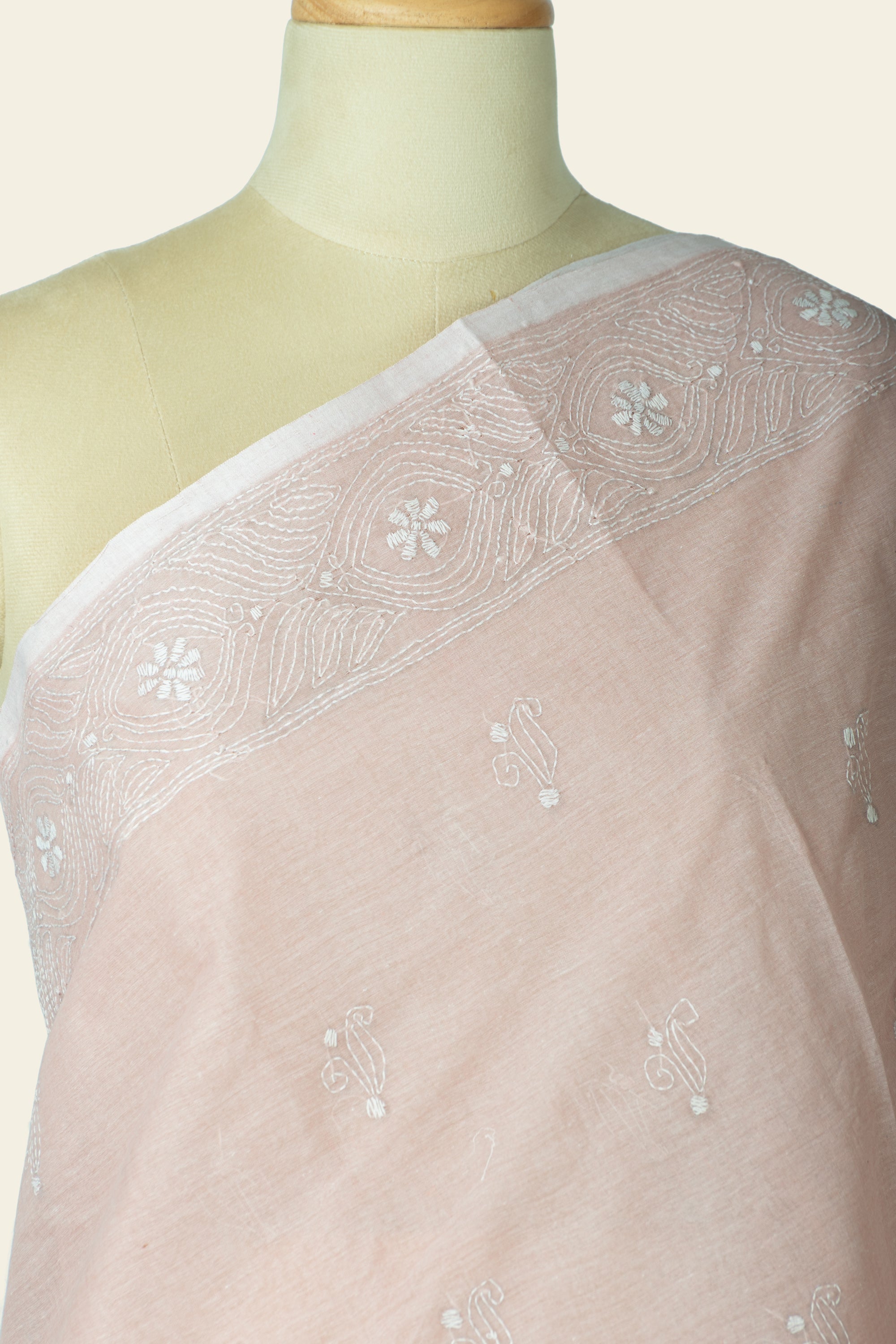 Peach Bengal Kantha Stitch Pure Cotton Saree