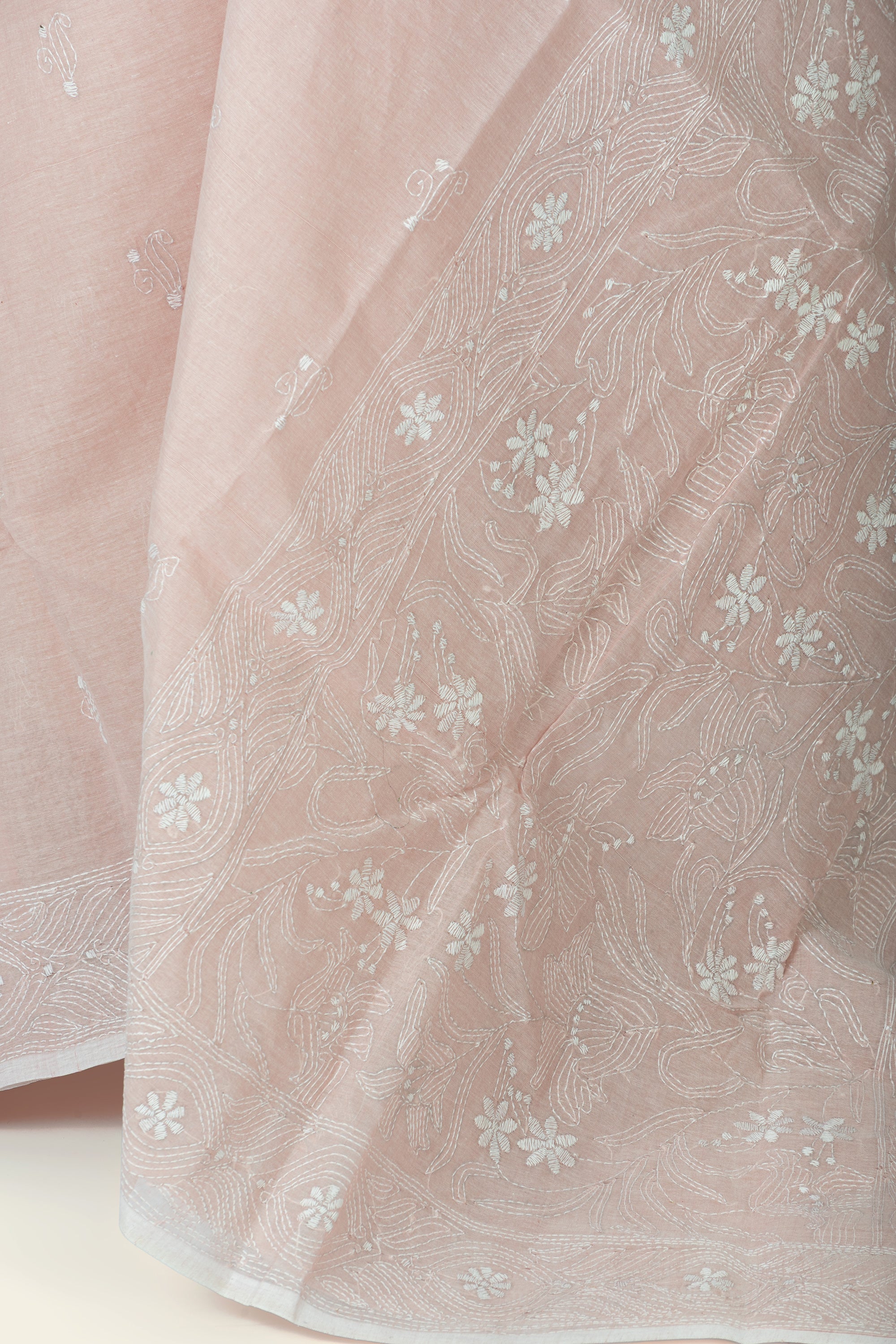 Peach Bengal Kantha Stitch Pure Cotton Saree