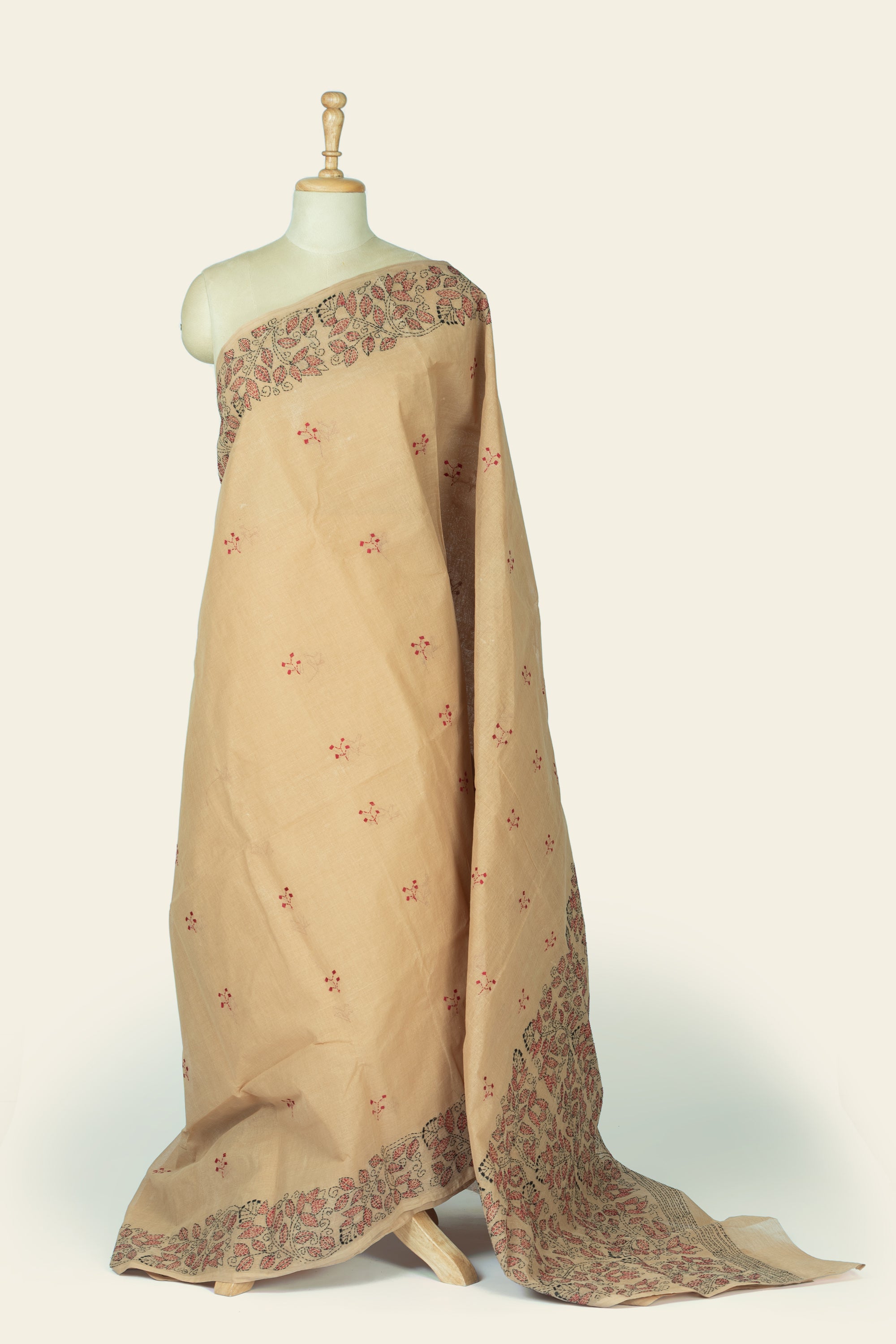 Light Brown Bengal Kantha Stitch Pure Cotton Saree