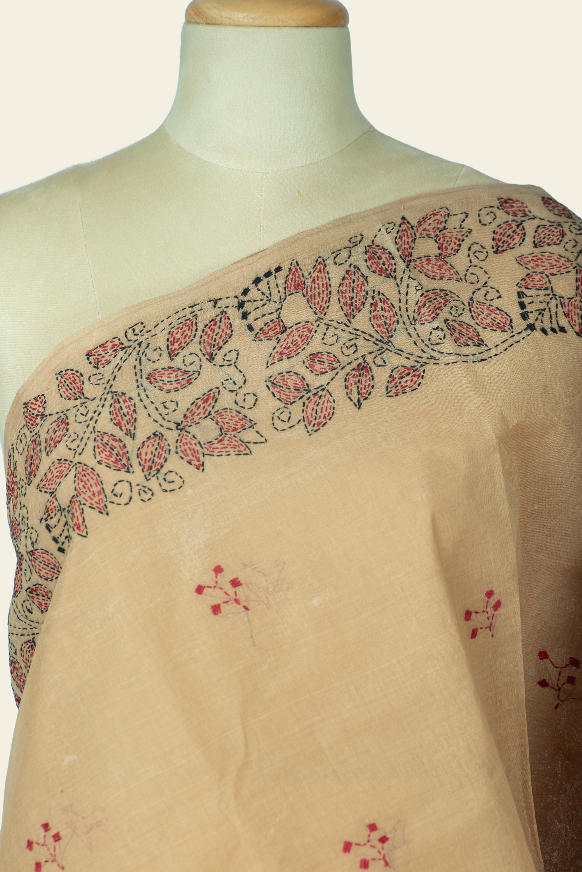 Light Brown Bengal Kantha Stitch Pure Cotton Saree