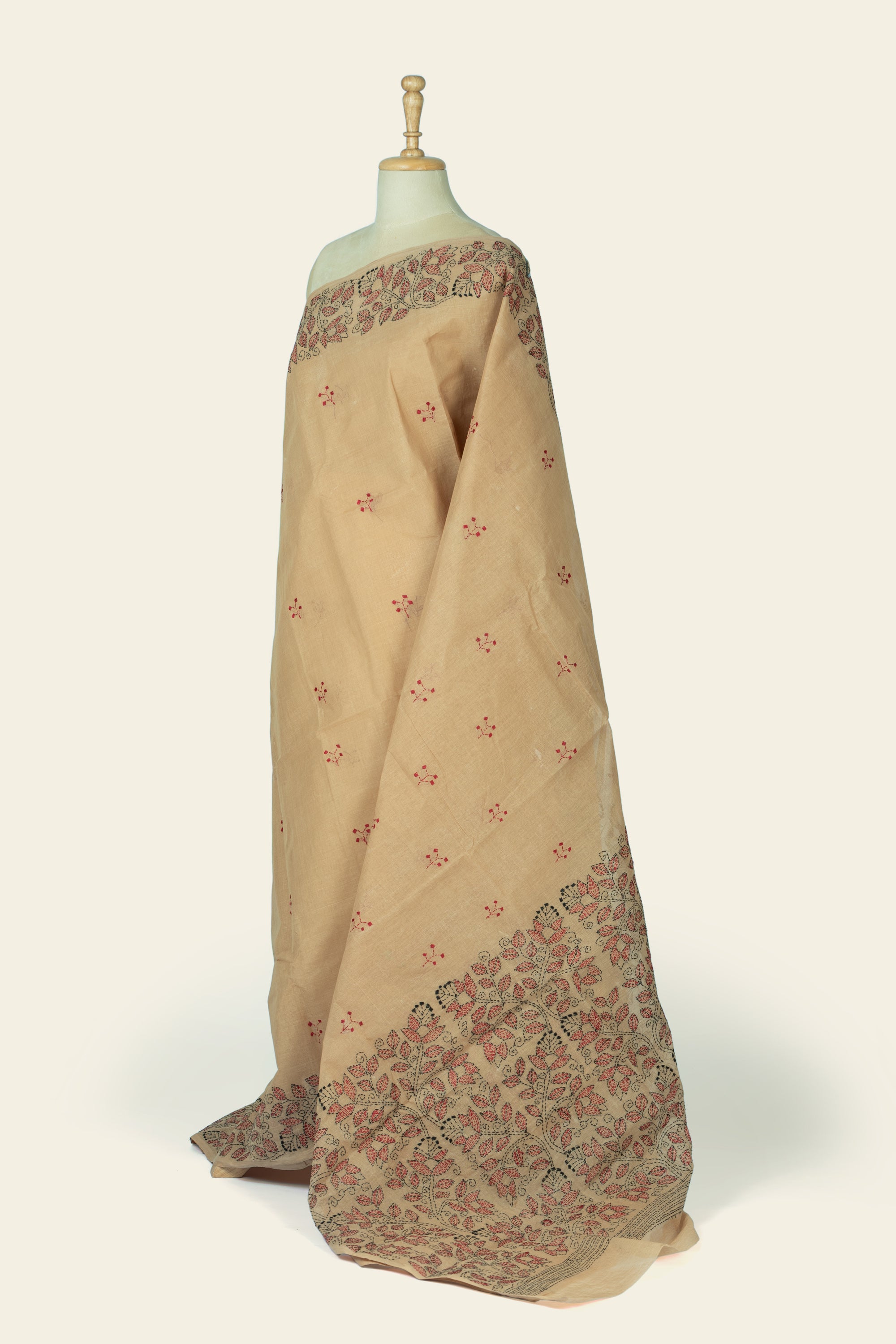 Light Brown Bengal Kantha Stitch Pure Cotton Saree