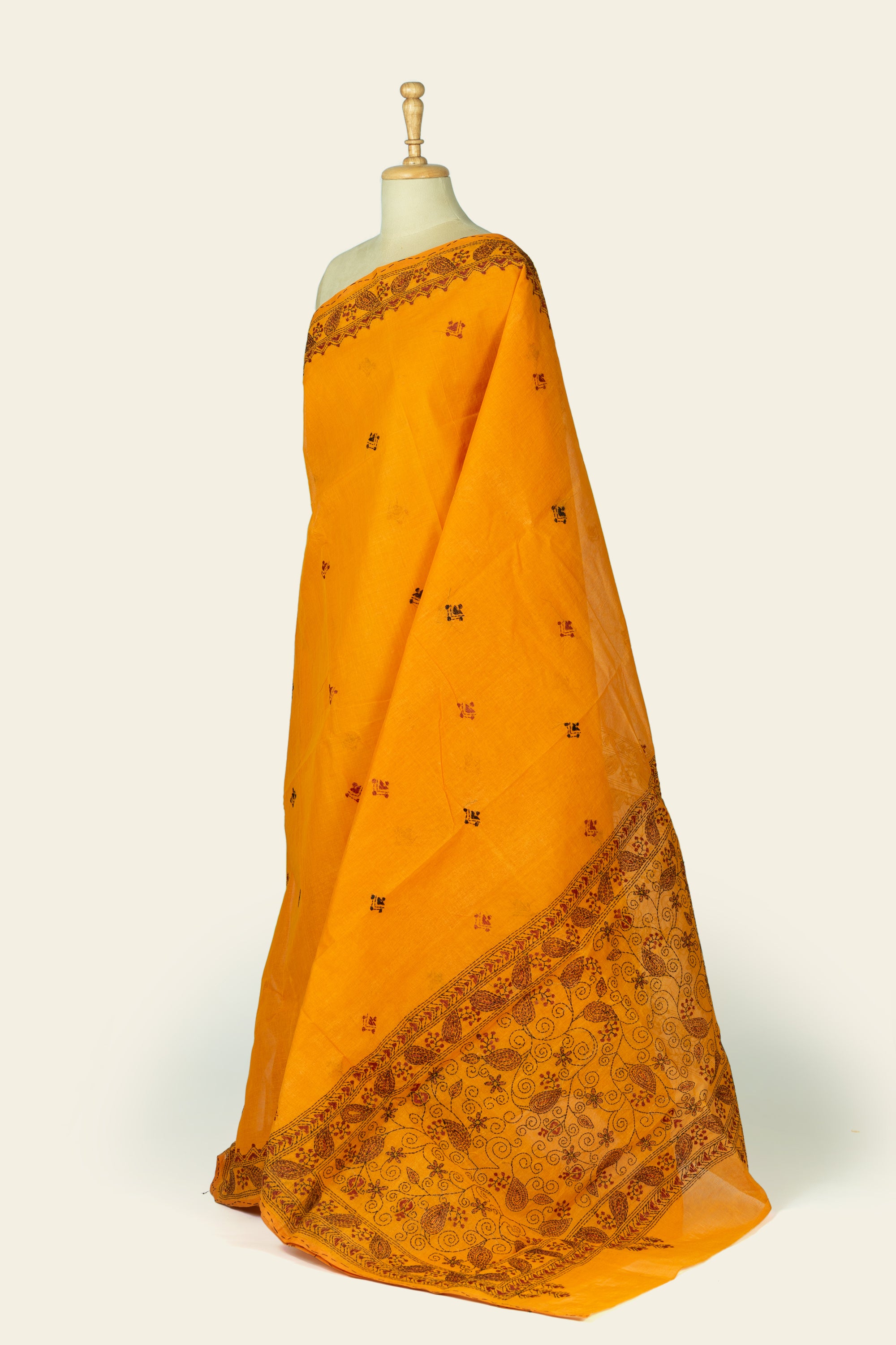 Orange Bengal Kantha Stitch Pure Cotton Saree