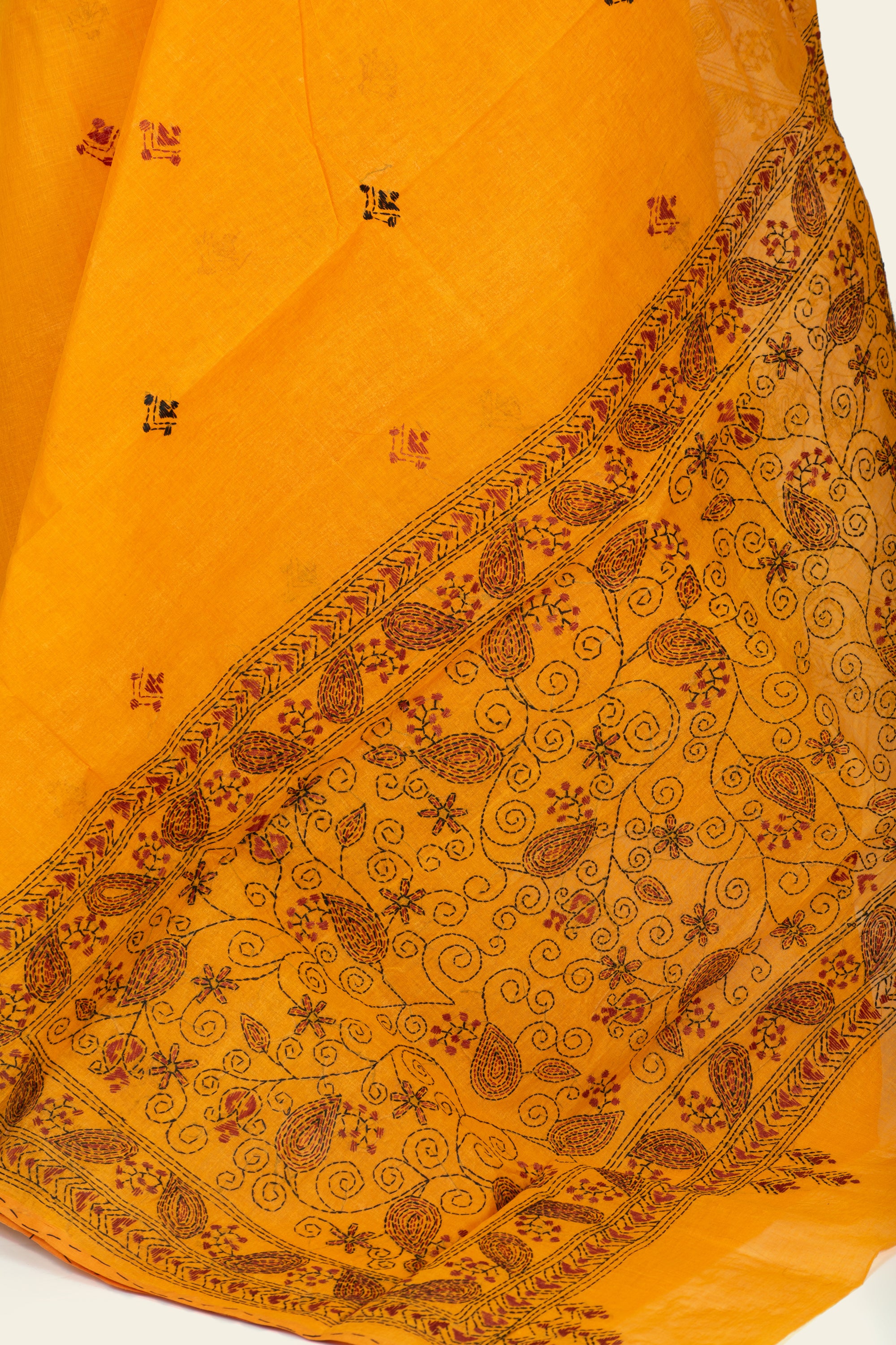 Orange Bengal Kantha Stitch Pure Cotton Saree