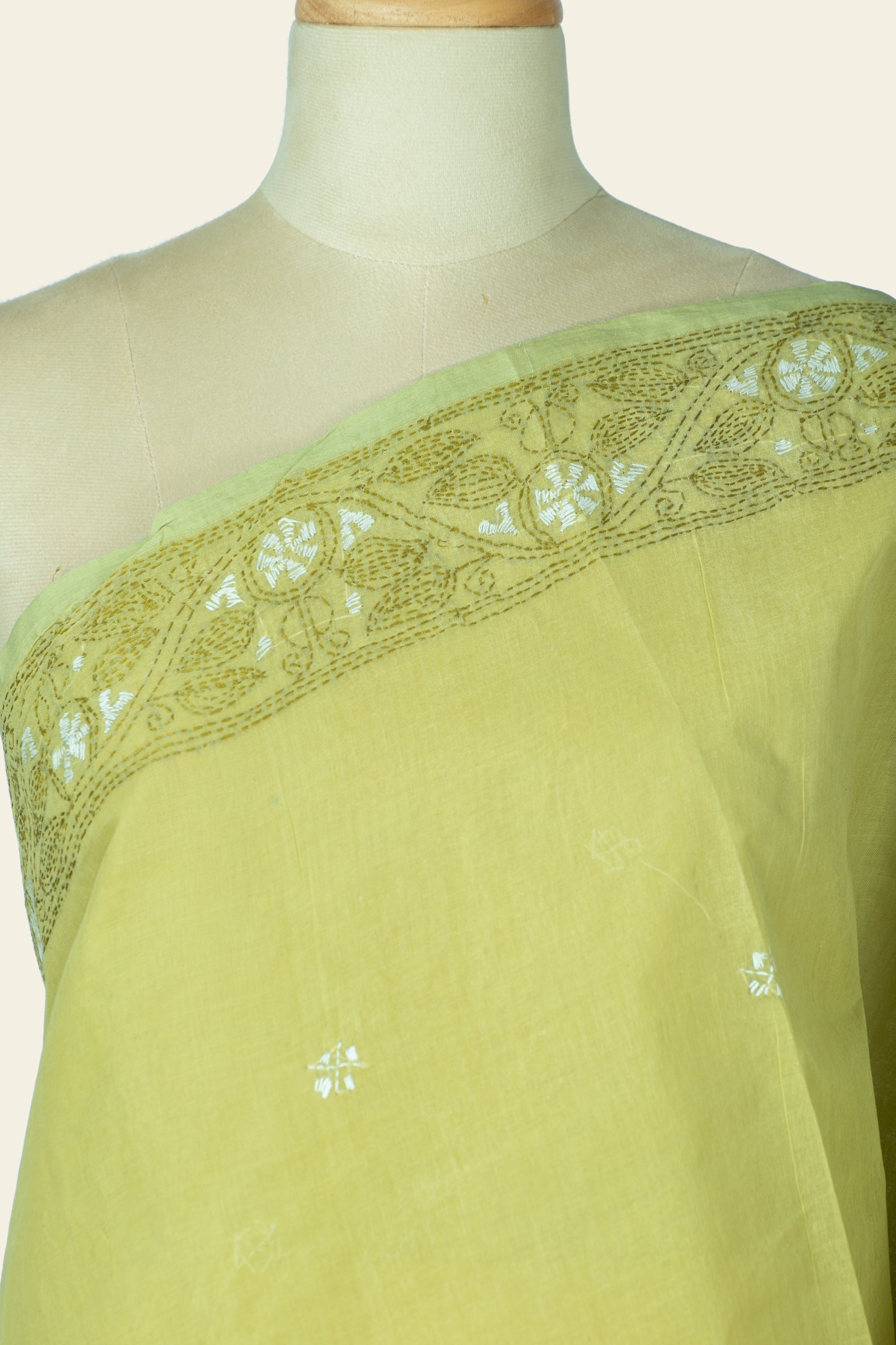 Henna Green Bengal Kantha Stitch Pure Cotton Saree