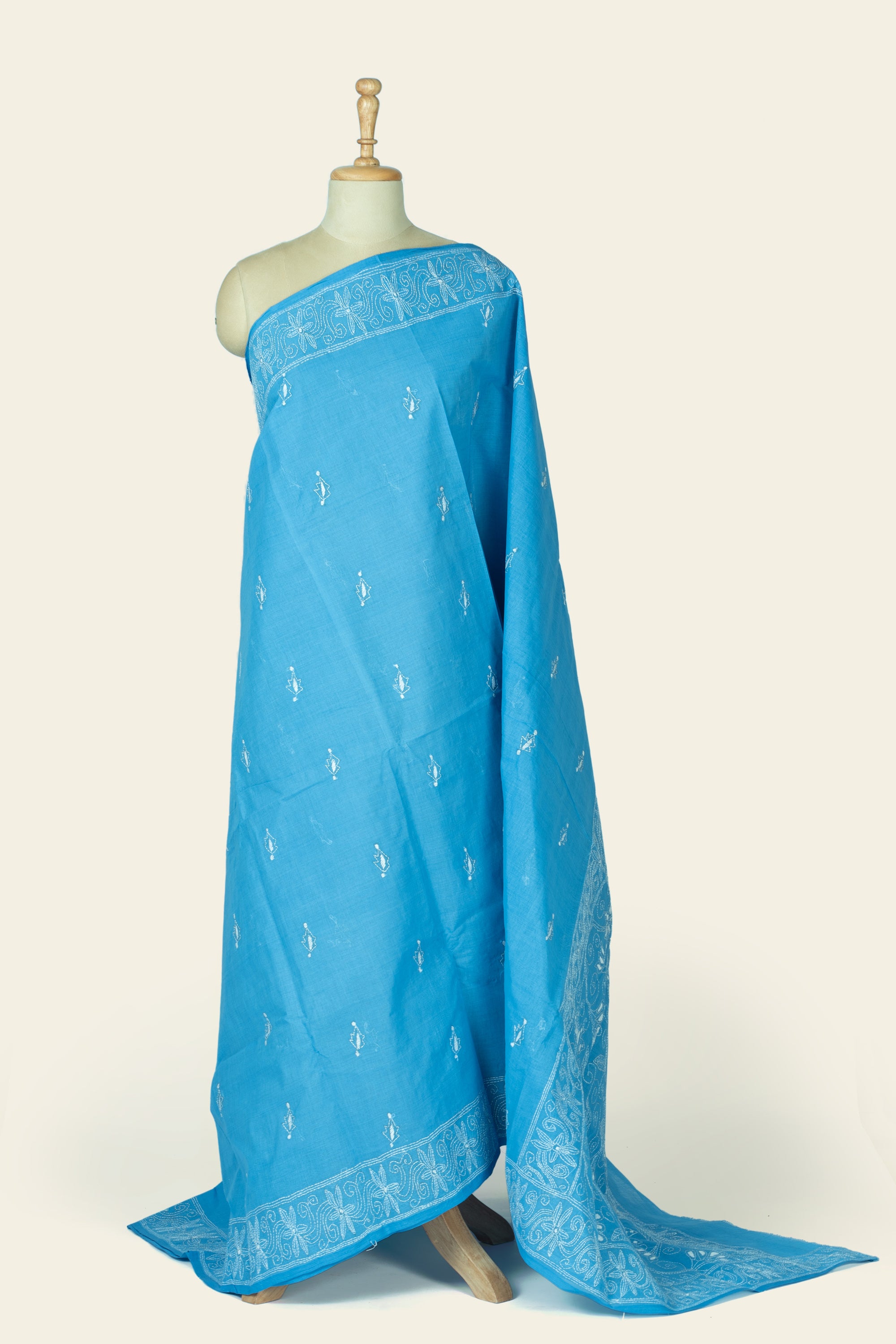 Calm Blue Bengal Kantha Stitch Pure Cotton Saree