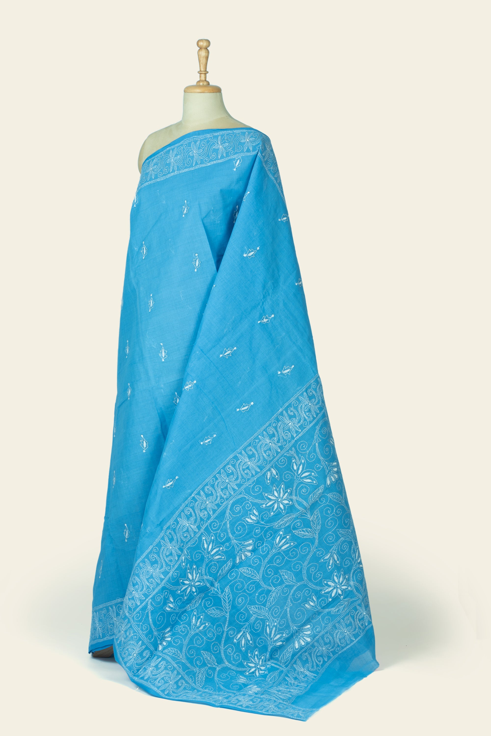 Calm Blue Bengal Kantha Stitch Pure Cotton Saree