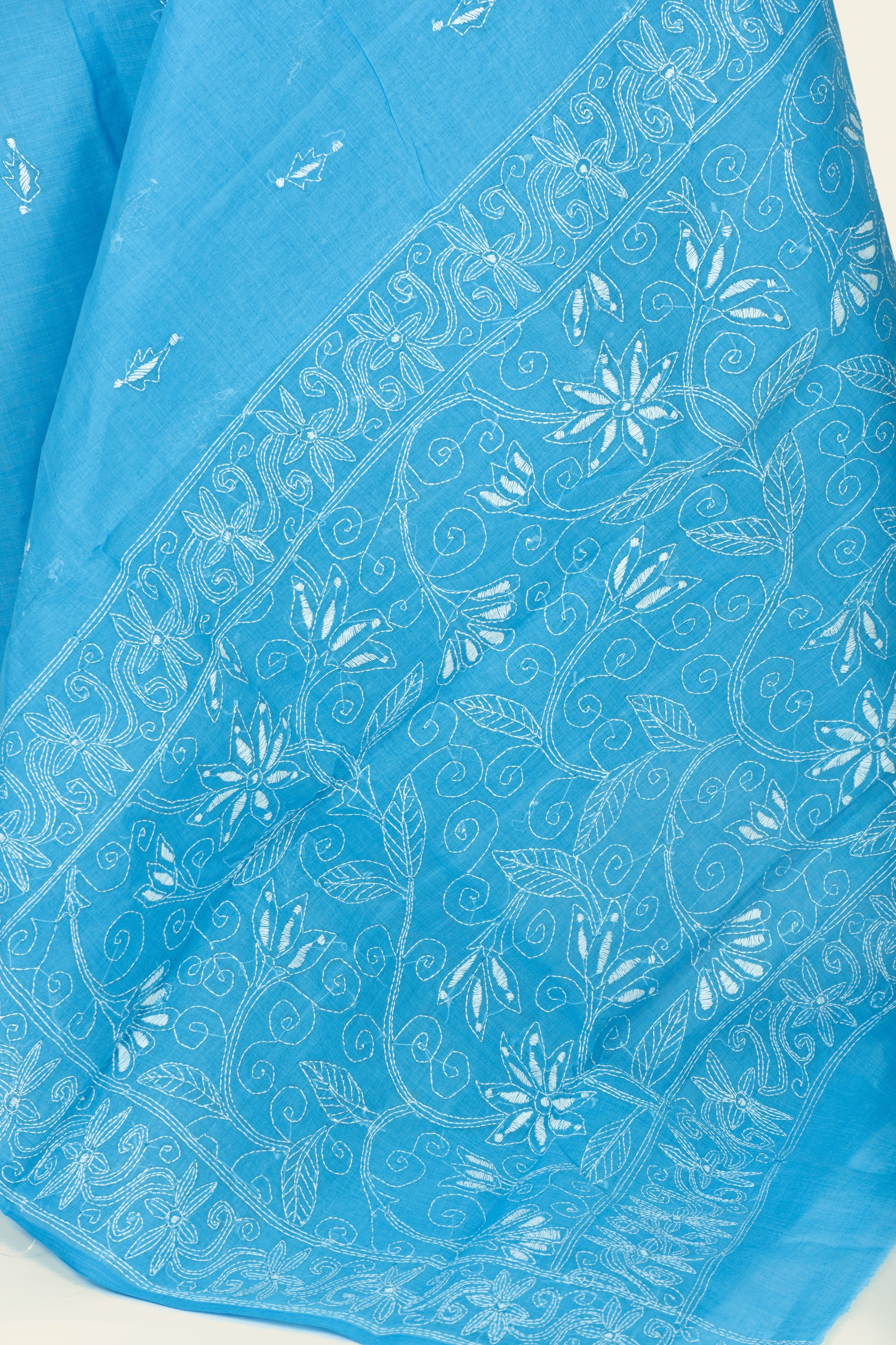 Calm Blue Bengal Kantha Stitch Pure Cotton Saree
