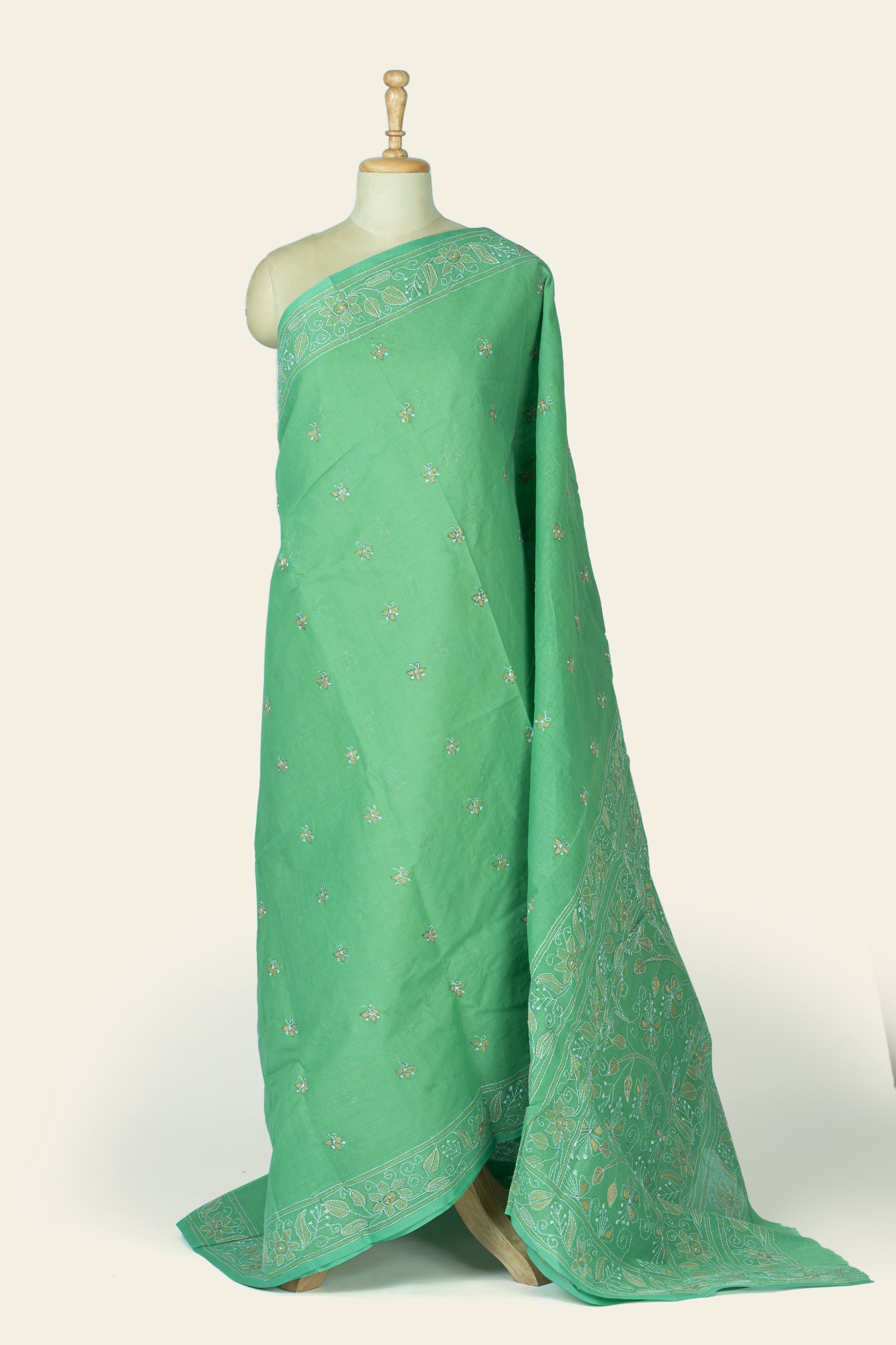 Green Bengal Kantha Stitch Pure Cotton Saree