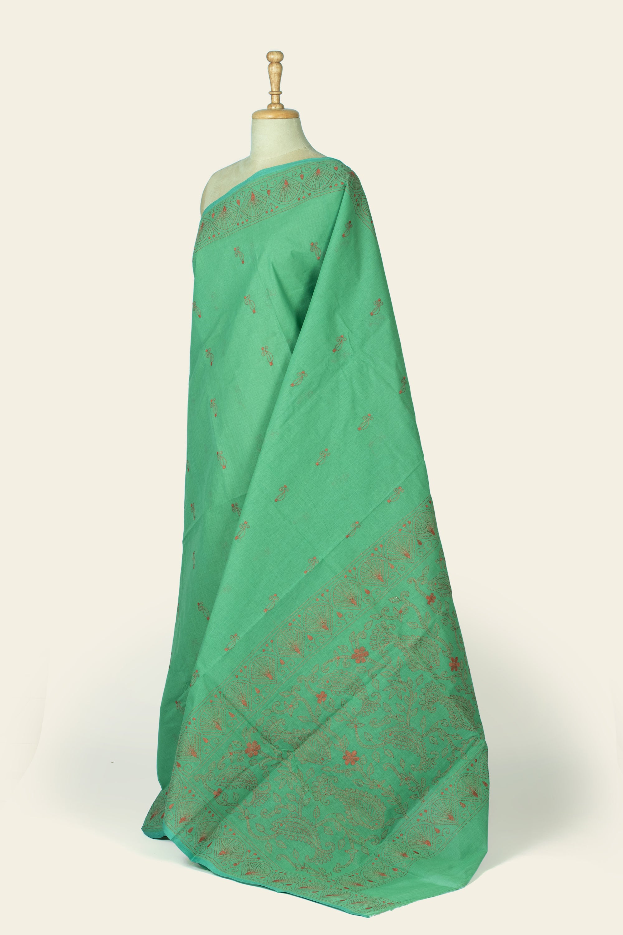 Dusty Green Bengal Kantha Stitch Pure Cotton Saree