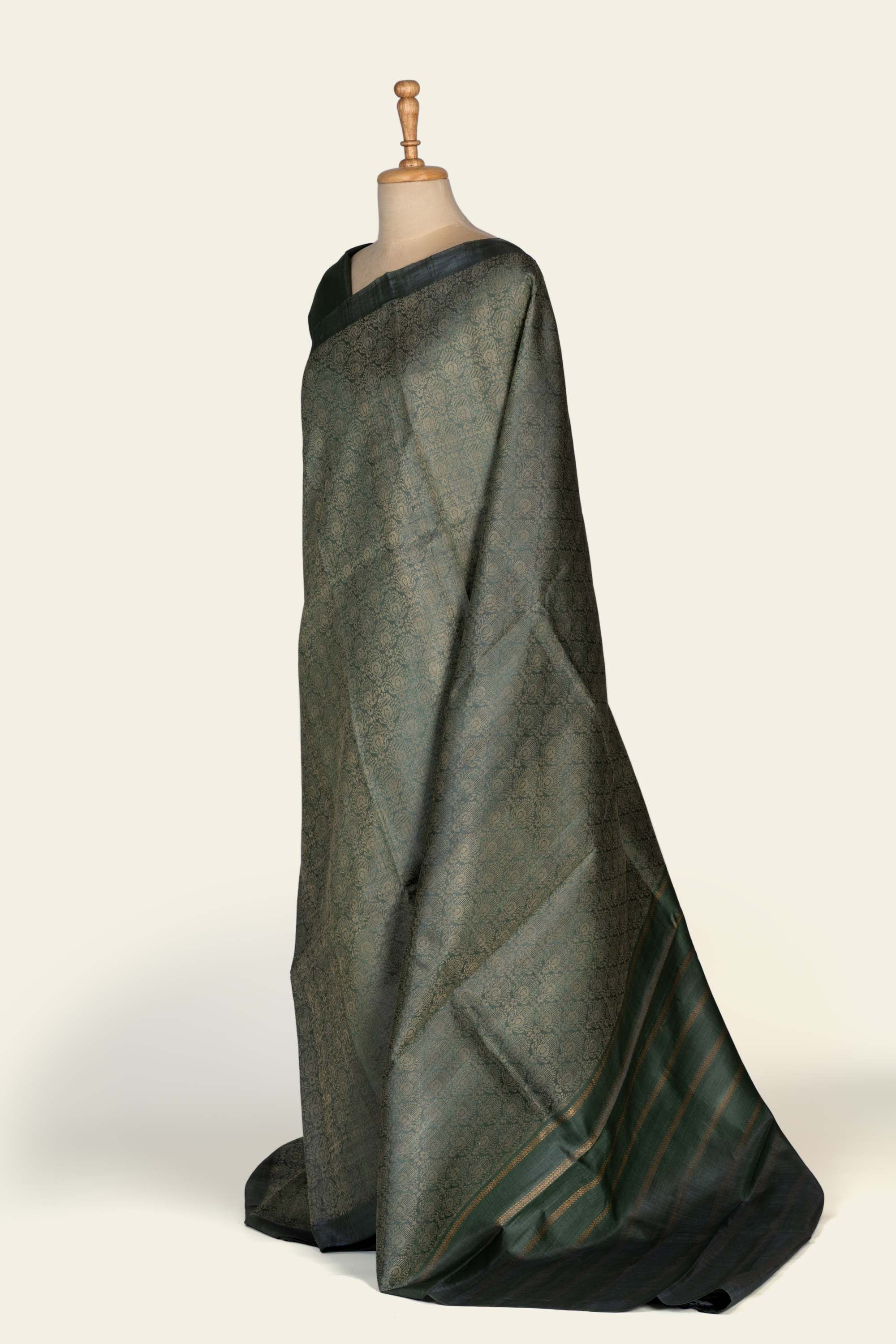 Dark Sage Green Brocade Chhattisgarh Pure Tussar Silk Saree