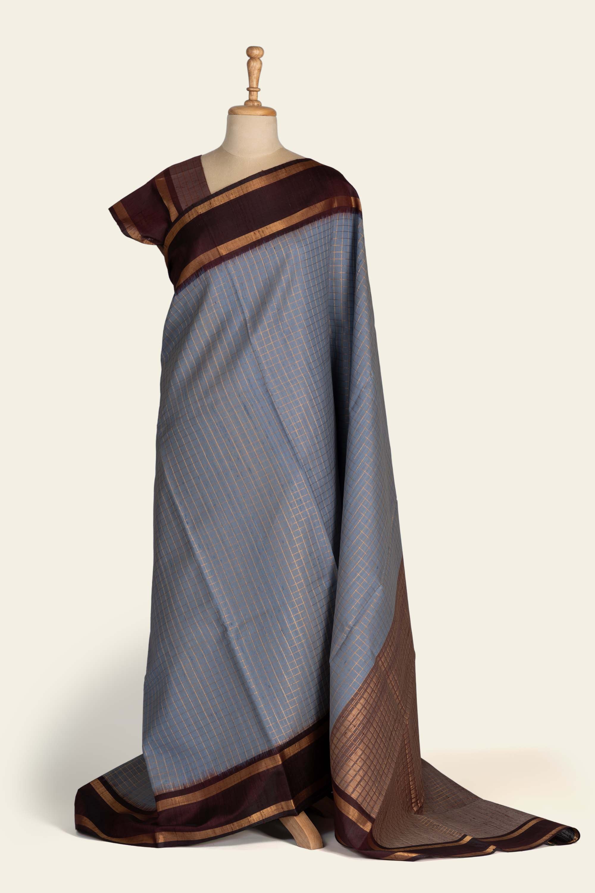 Powdered Blue Check Chhattisgarh Raw Silk Saree