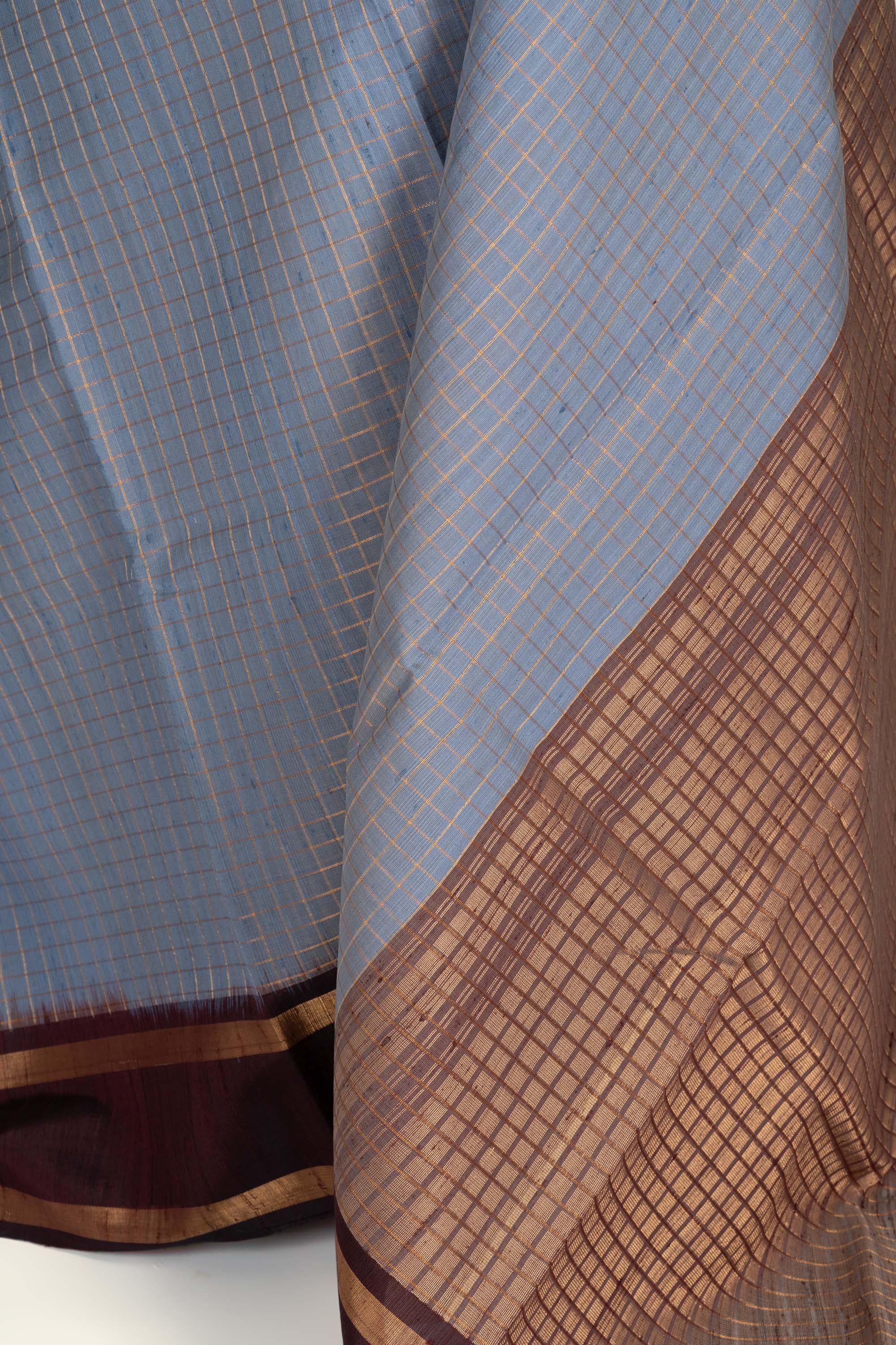 Powdered Blue Check Chhattisgarh Raw Silk Saree