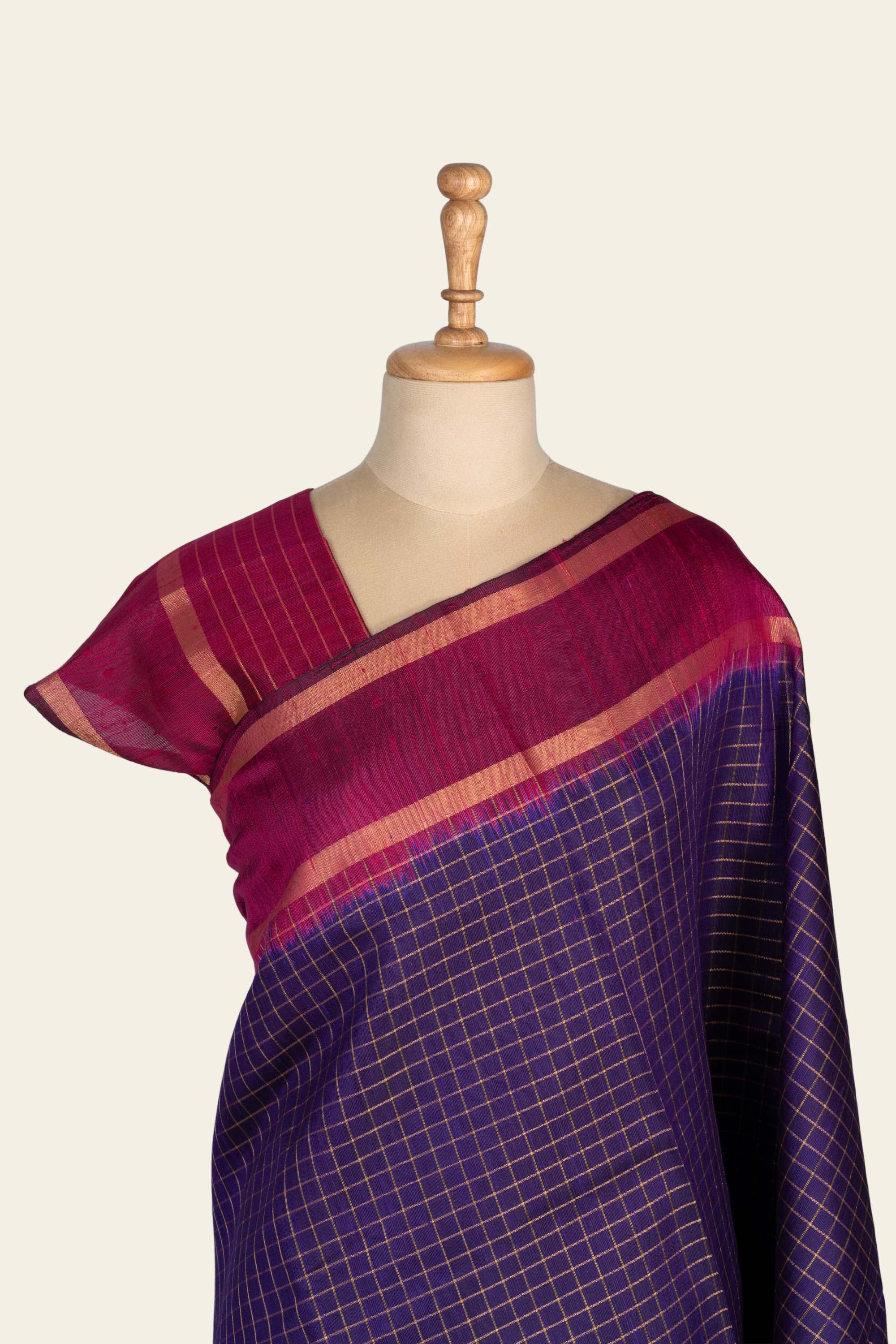 Purple Check Chhattisgarh Raw Silk Saree