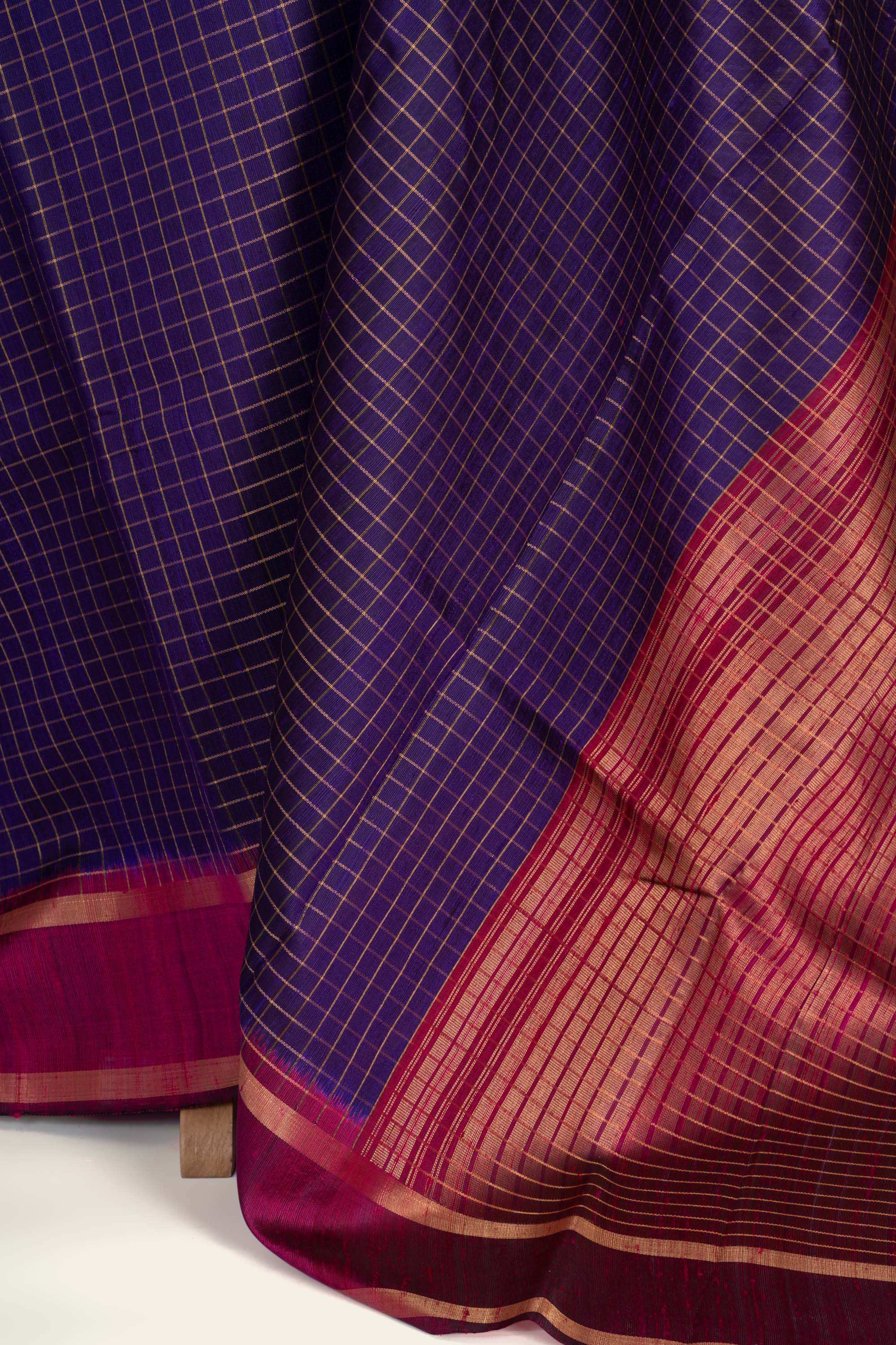 Purple Check Chhattisgarh Raw Silk Saree