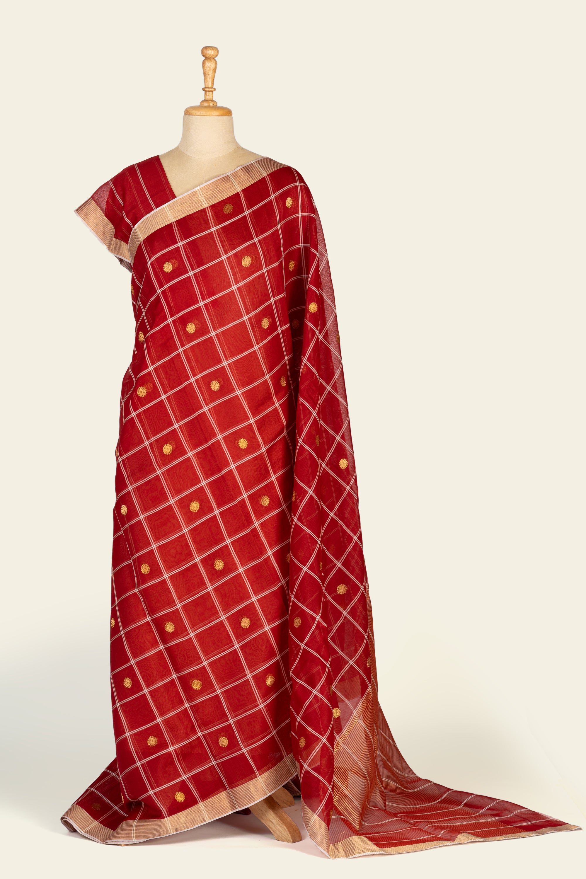 Flame Orange Check Chanderi Silk Cotton Saree