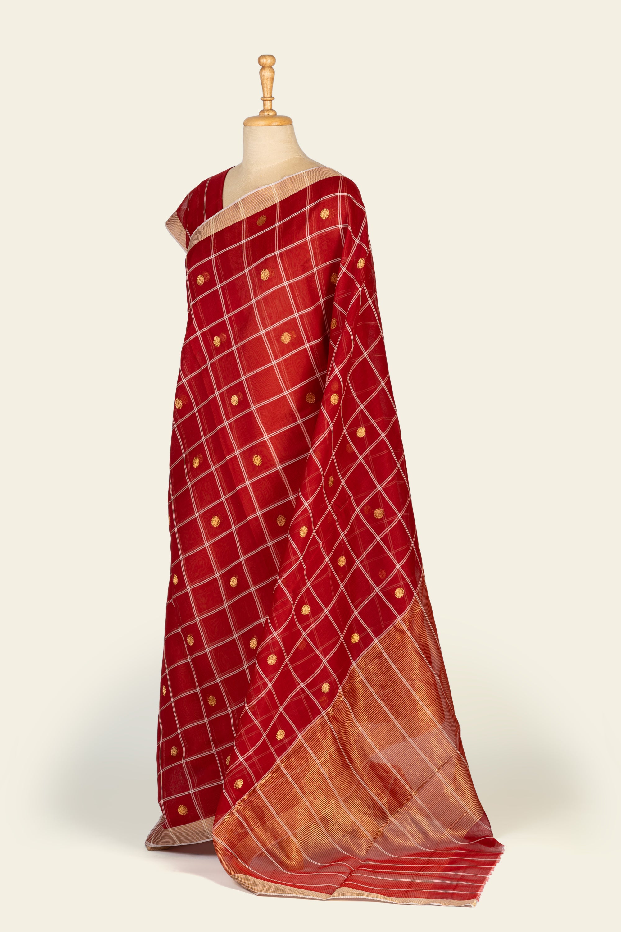 Flame Orange Check Chanderi Silk Cotton Saree