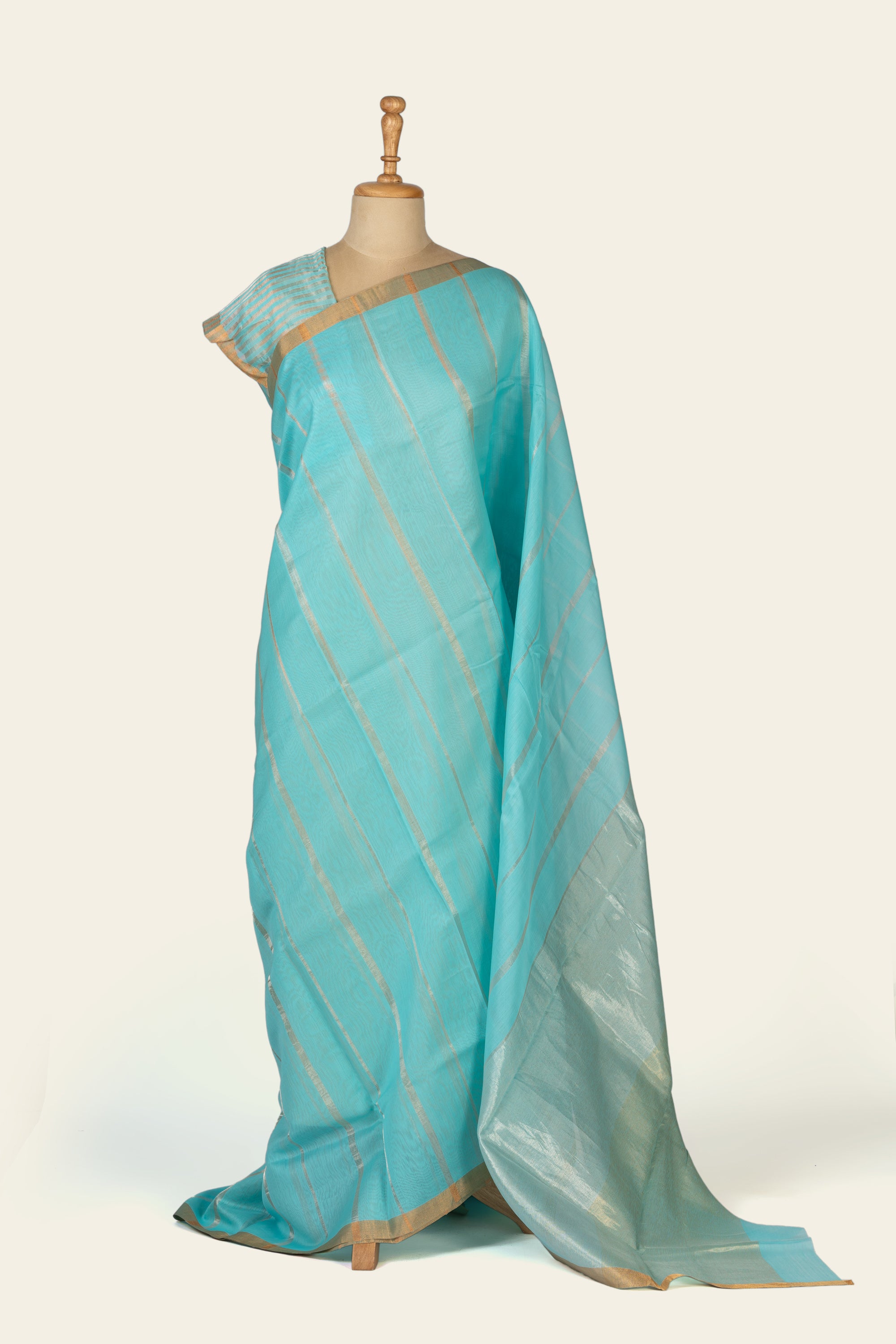 Aqua Blue Stripe Chanderi Silk Cotton Saree