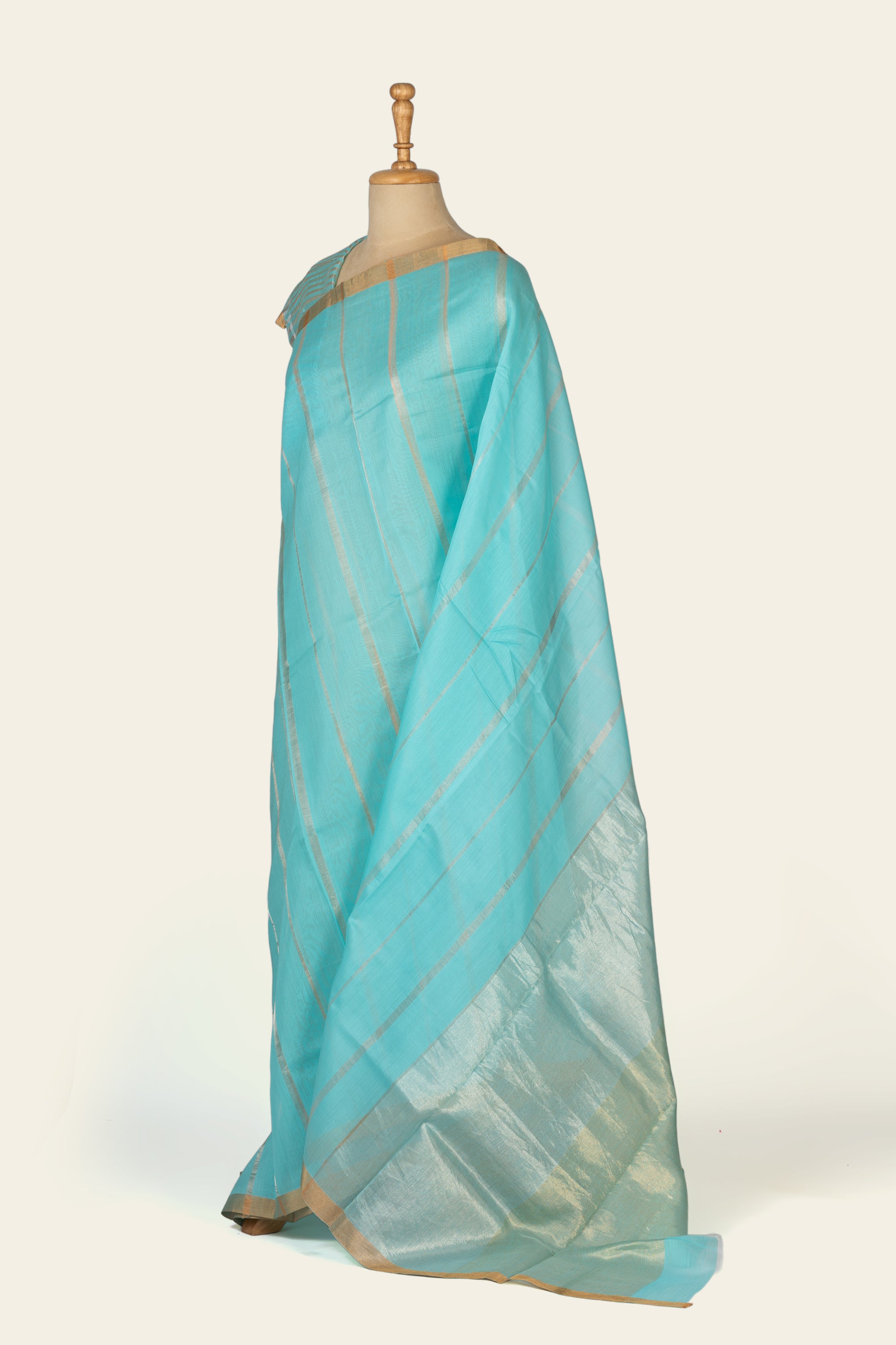 Aqua Blue Stripe Chanderi Silk Cotton Saree