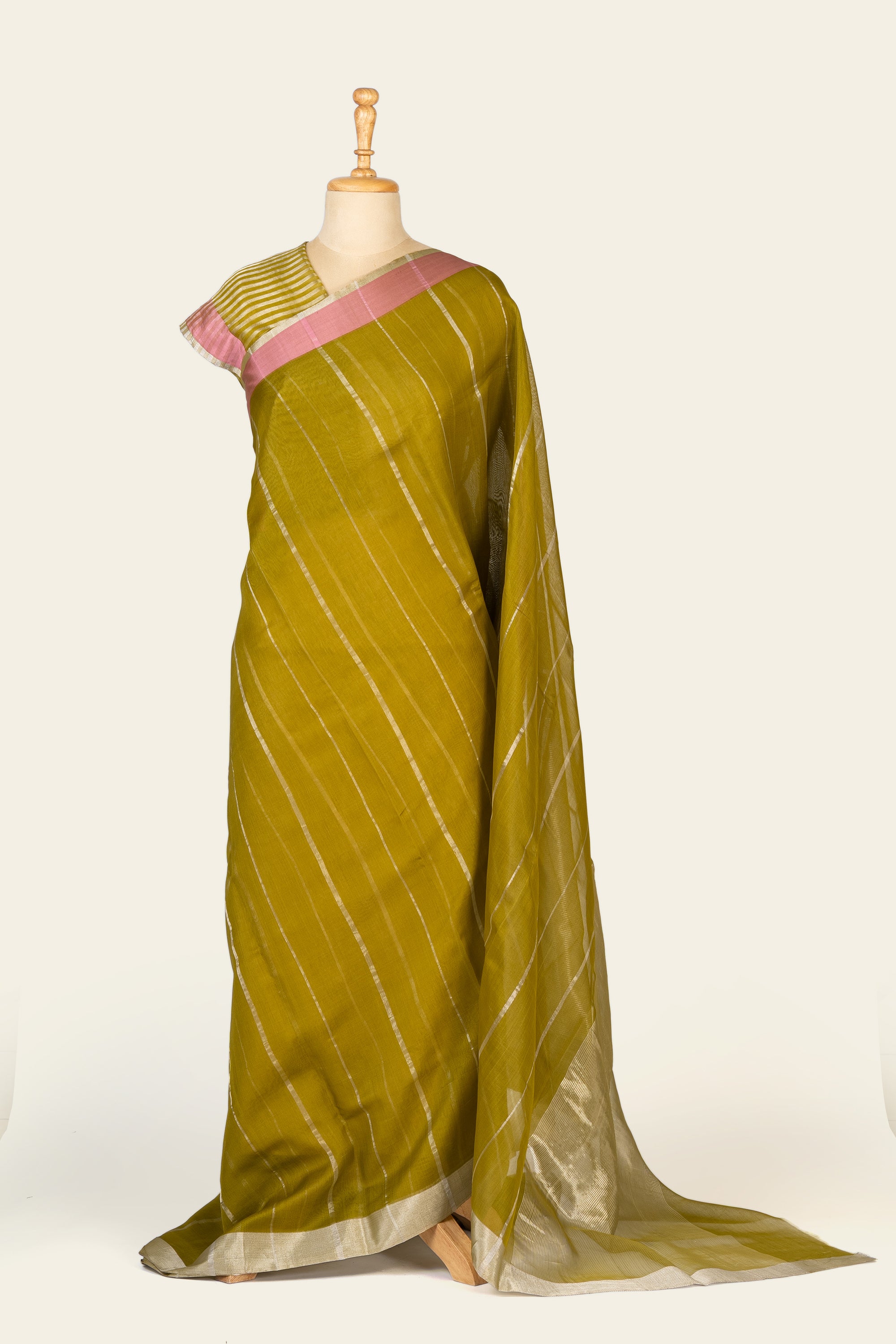 Whisper Green Stripe Chanderi Silk Cotton Saree
