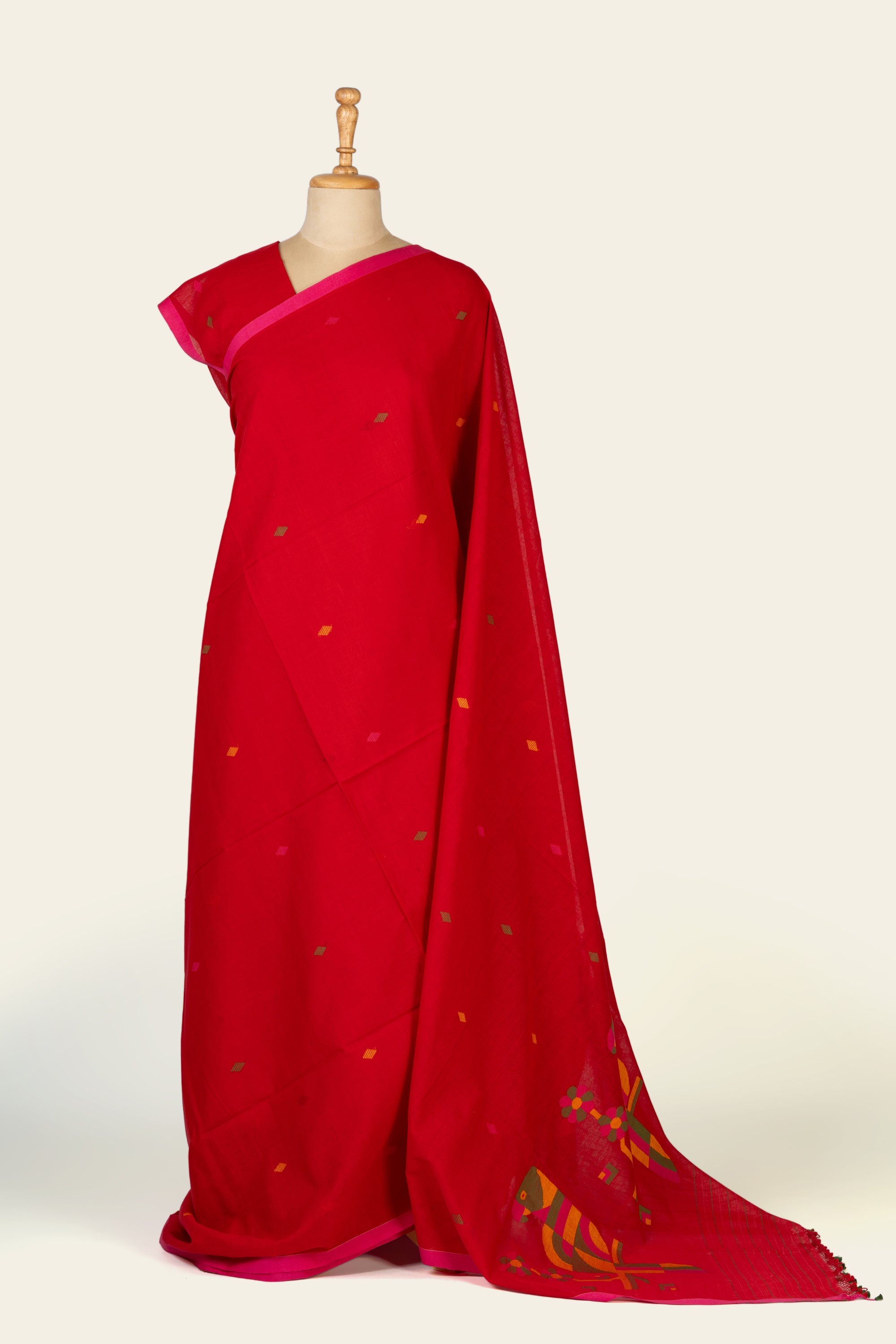 Crimson Red Bengal Jamdani Cotton Saree