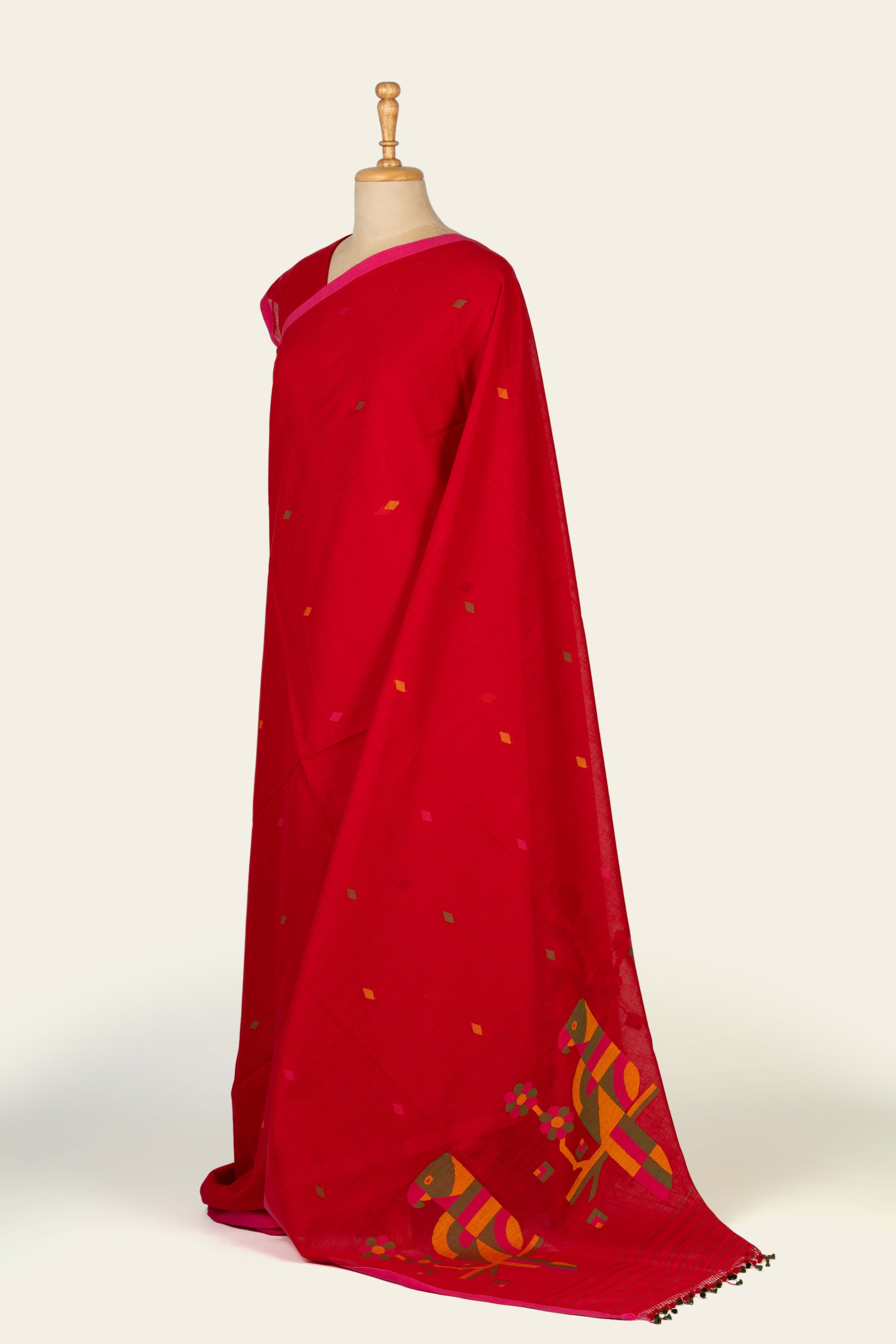 Crimson Red Bengal Jamdani Cotton Saree