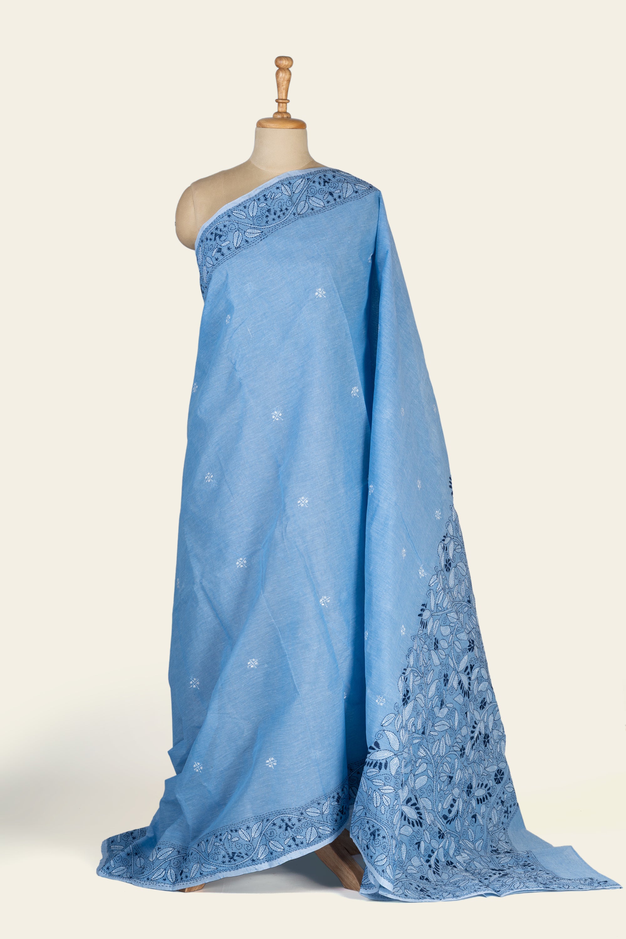 Powder Blue Bengal Kantha Stitch Pure Cotton Saree