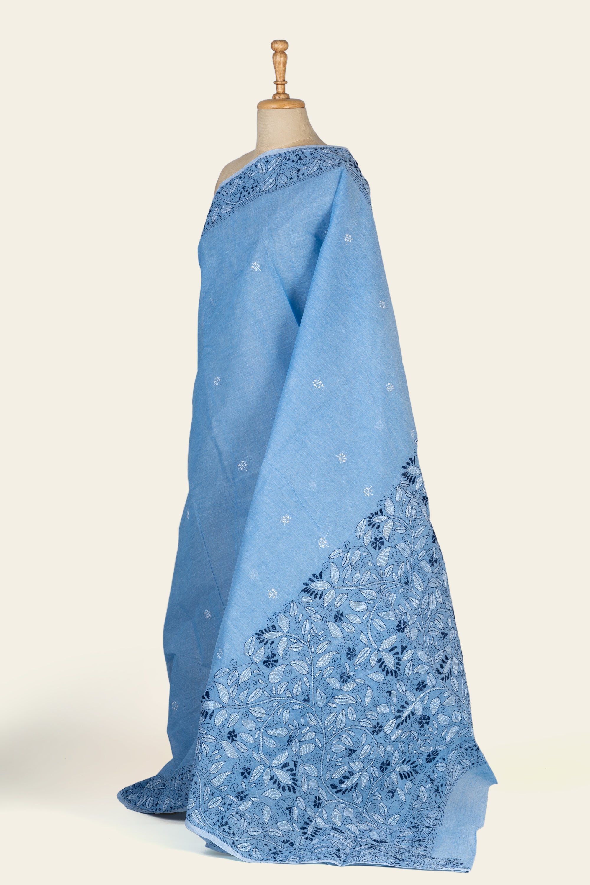 Powder Blue Bengal Kantha Stitch Pure Cotton Saree