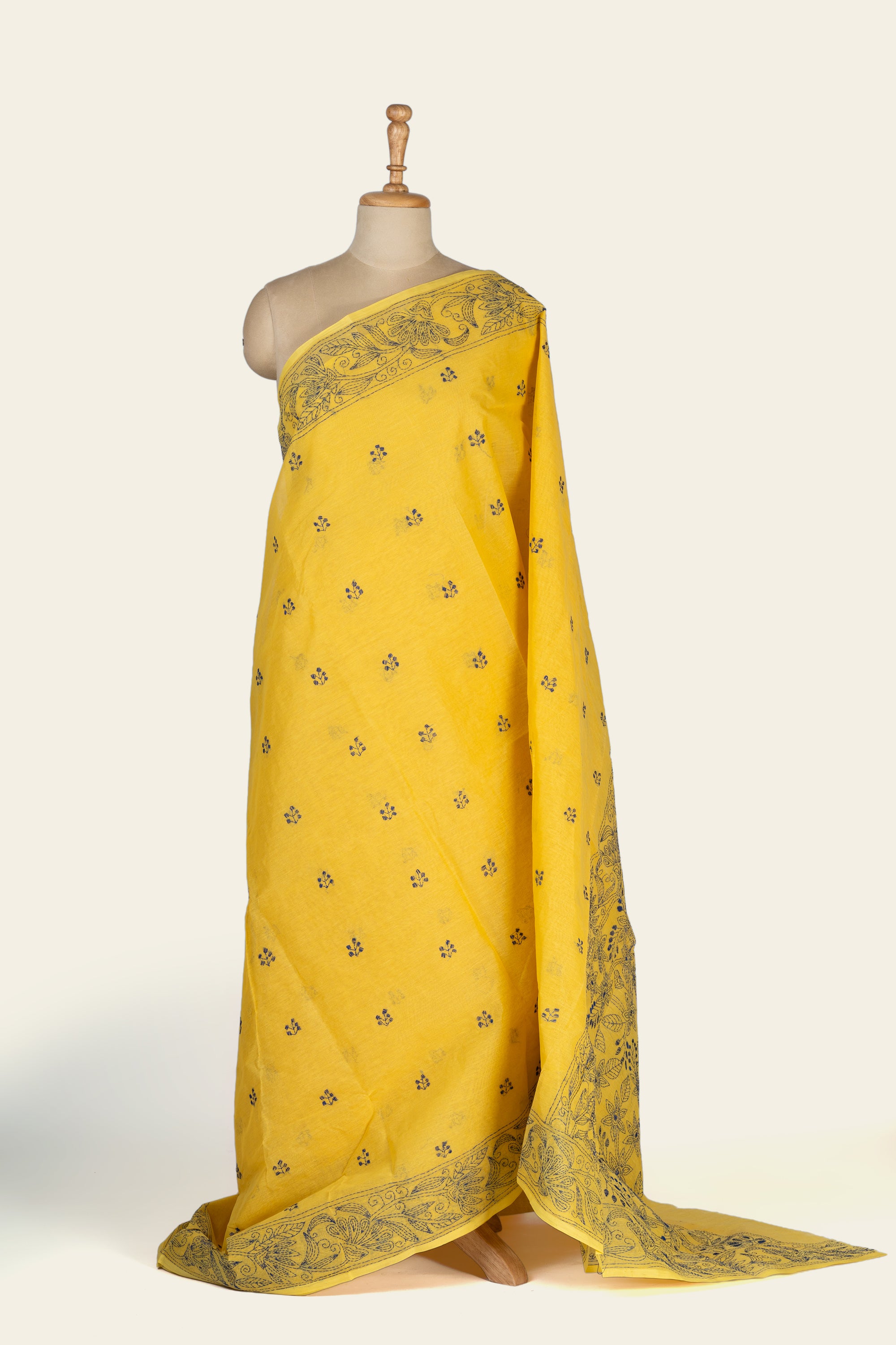 Sunlit Yellow Bengal Kantha Stitch Pure Cotton Saree