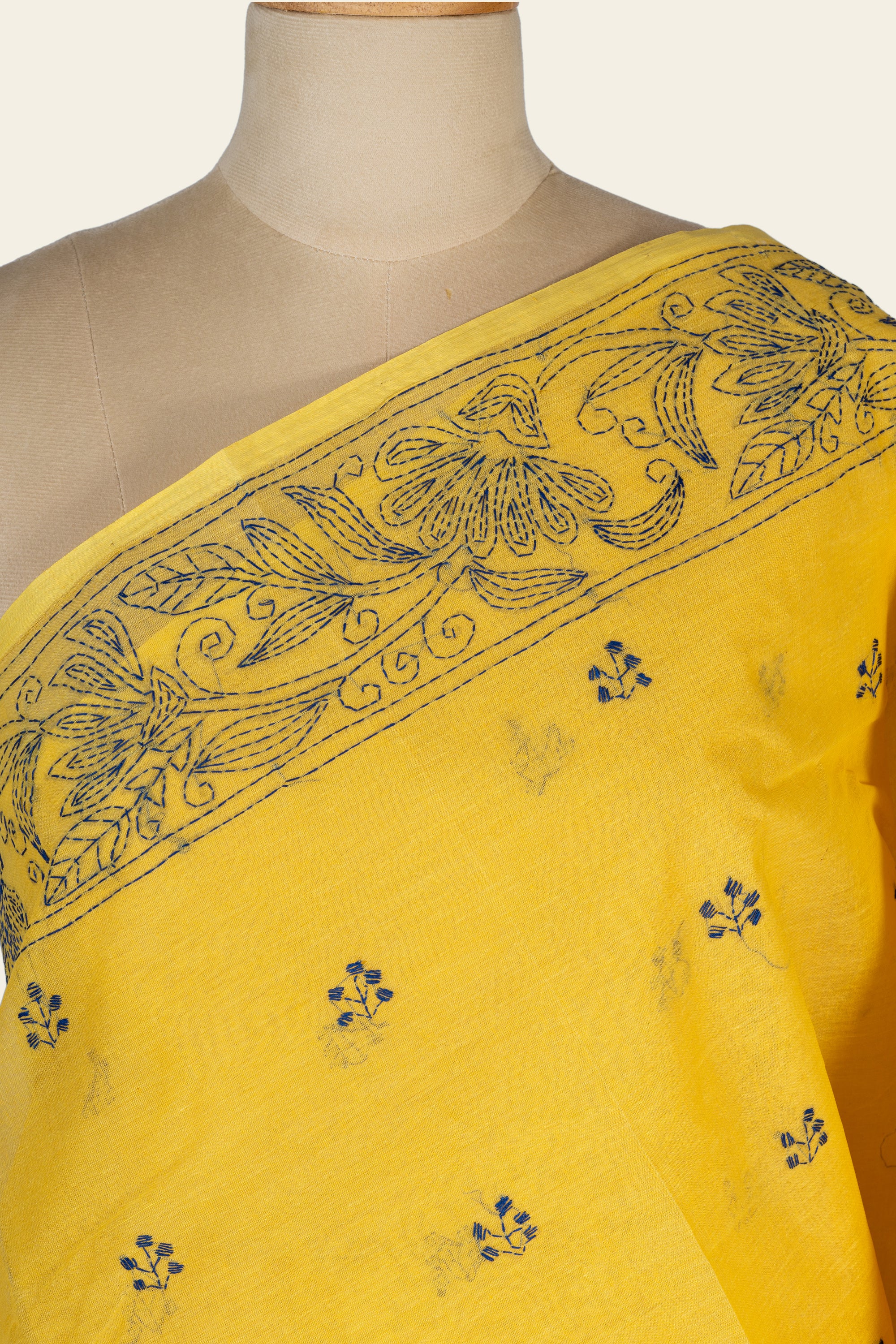 Sunlit Yellow Bengal Kantha Stitch Pure Cotton Saree