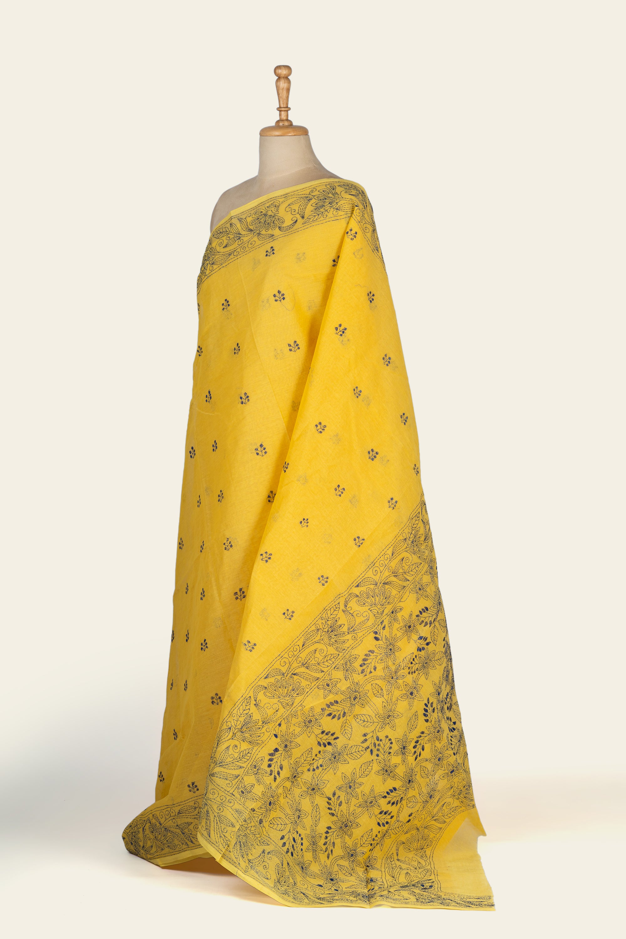 Sunlit Yellow Bengal Kantha Stitch Pure Cotton Saree