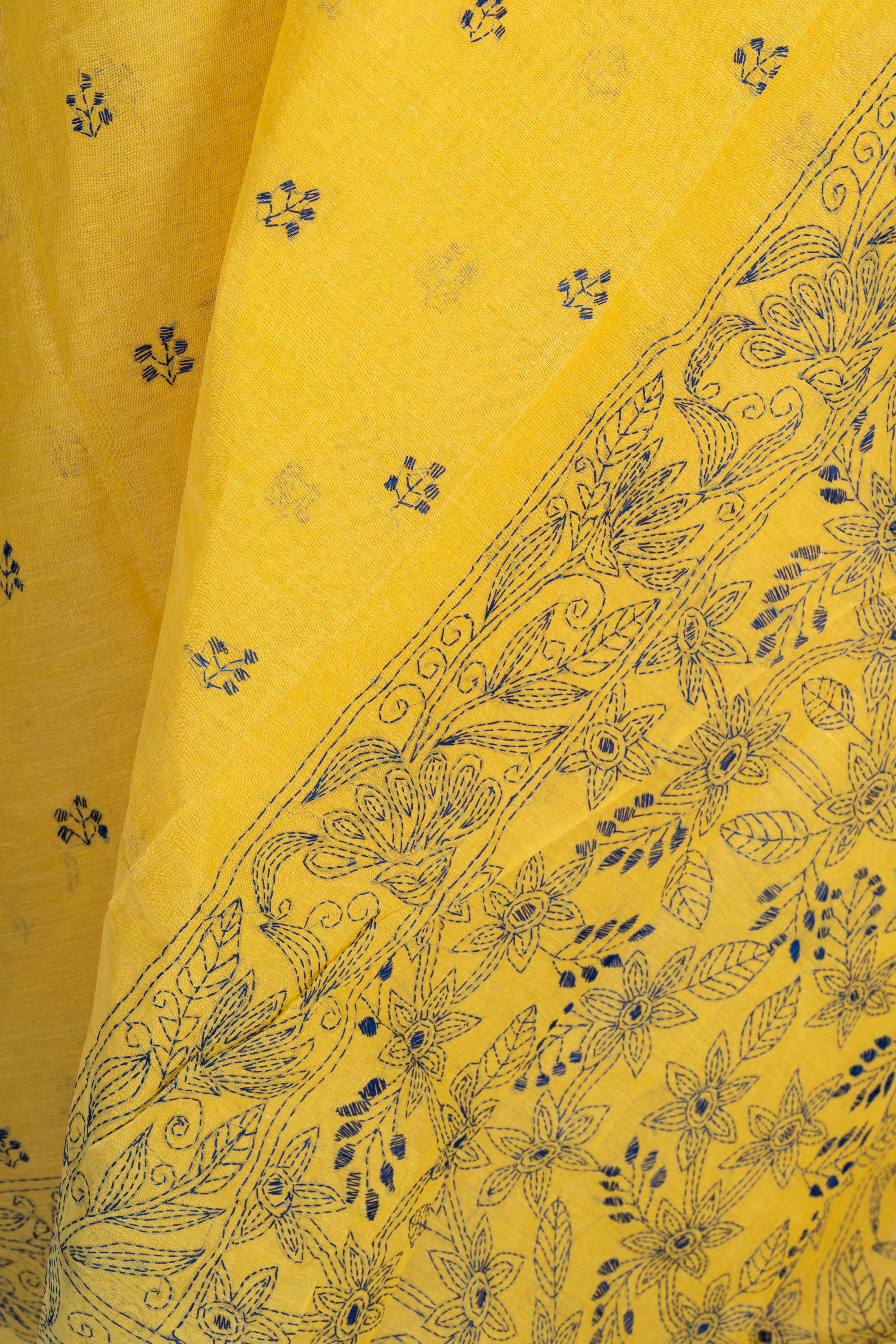 Sunlit Yellow Bengal Kantha Stitch Pure Cotton Saree