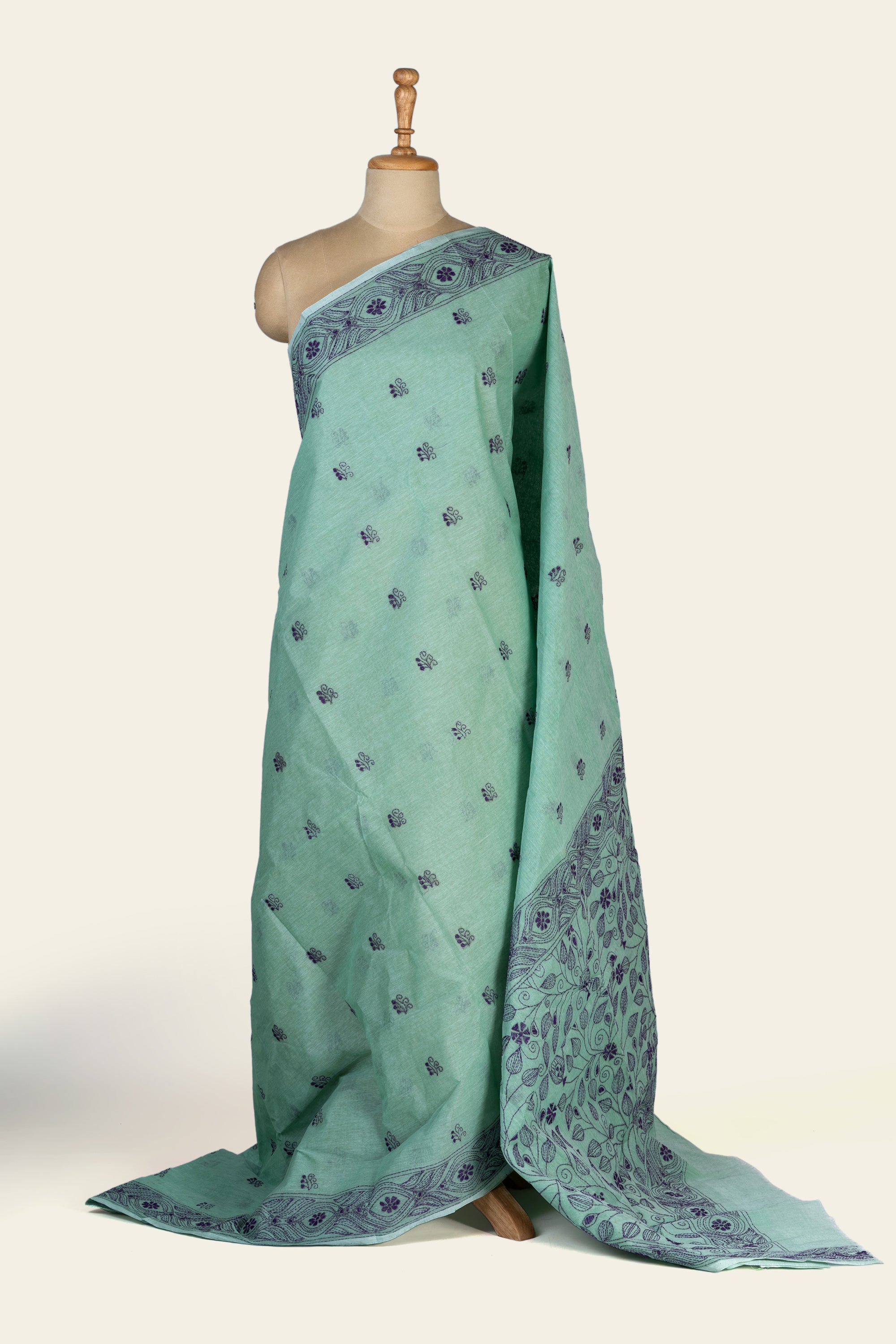 Mint Green Bengal Kantha Stitch Pure Cotton Saree