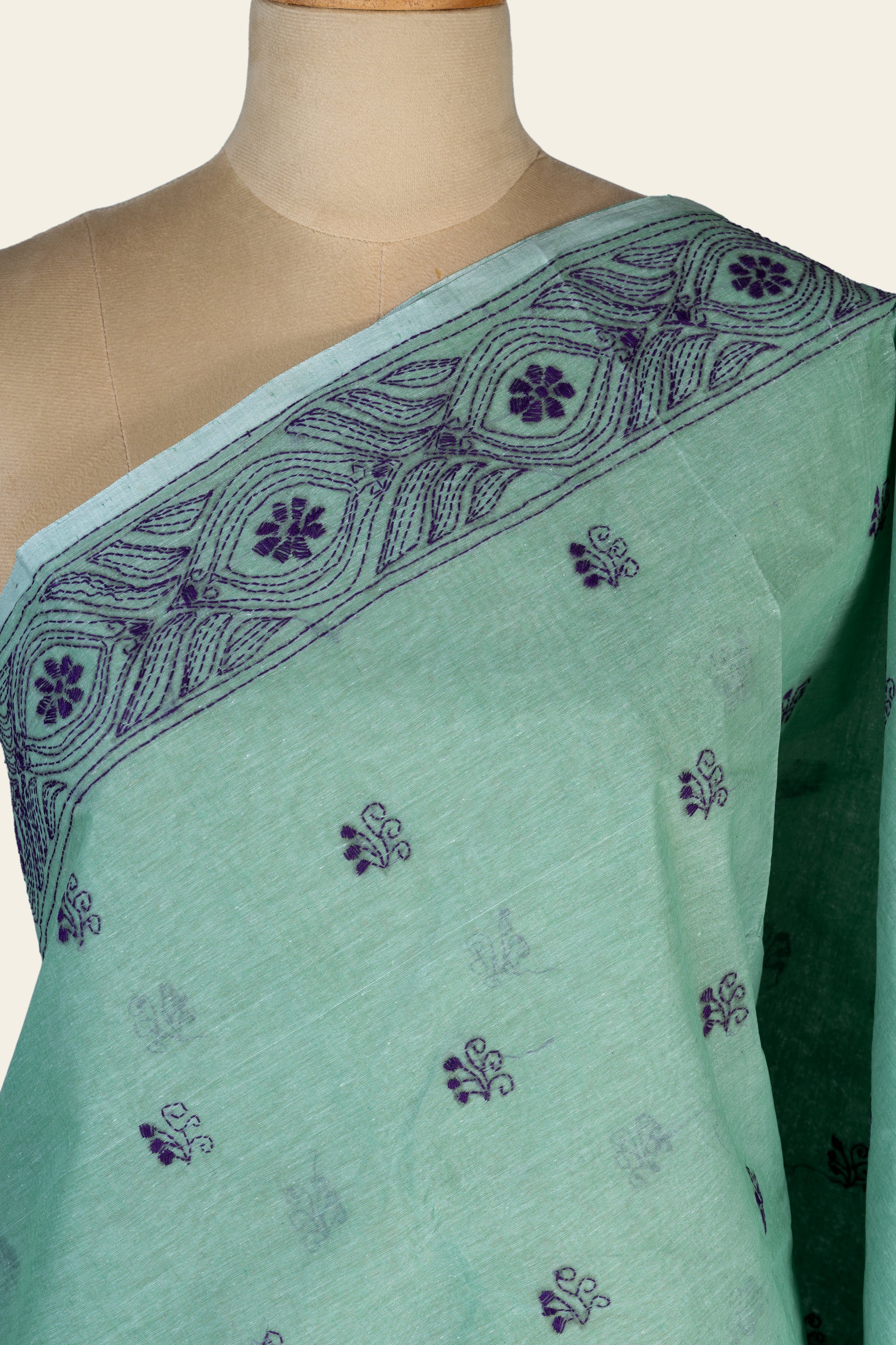Mint Green Bengal Kantha Stitch Pure Cotton Saree