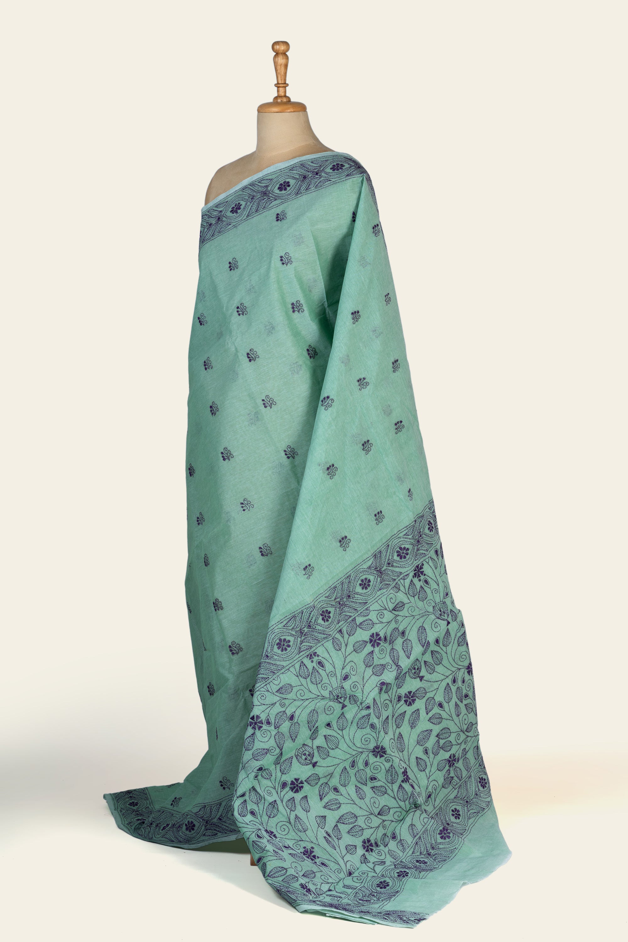 Mint Green Bengal Kantha Stitch Pure Cotton Saree