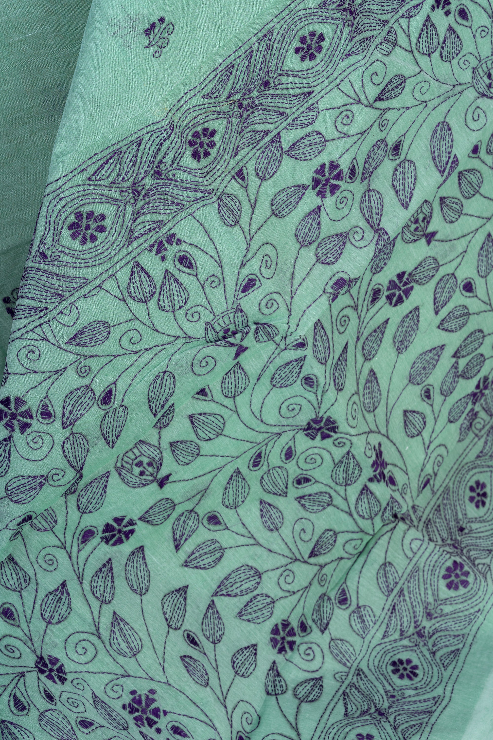 Mint Green Bengal Kantha Stitch Pure Cotton Saree