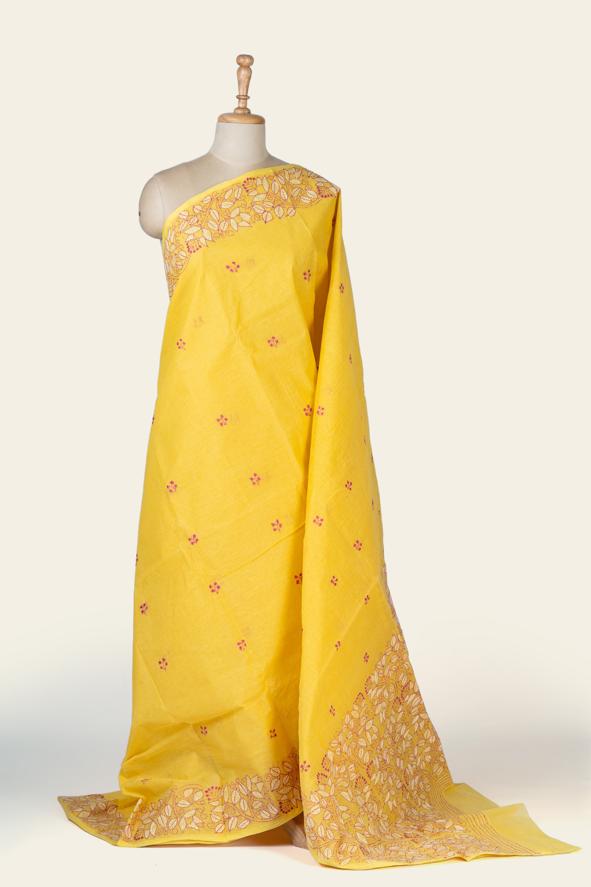 Daffodil Yellow Bengal Kantha Stitch Pure Cotton Saree