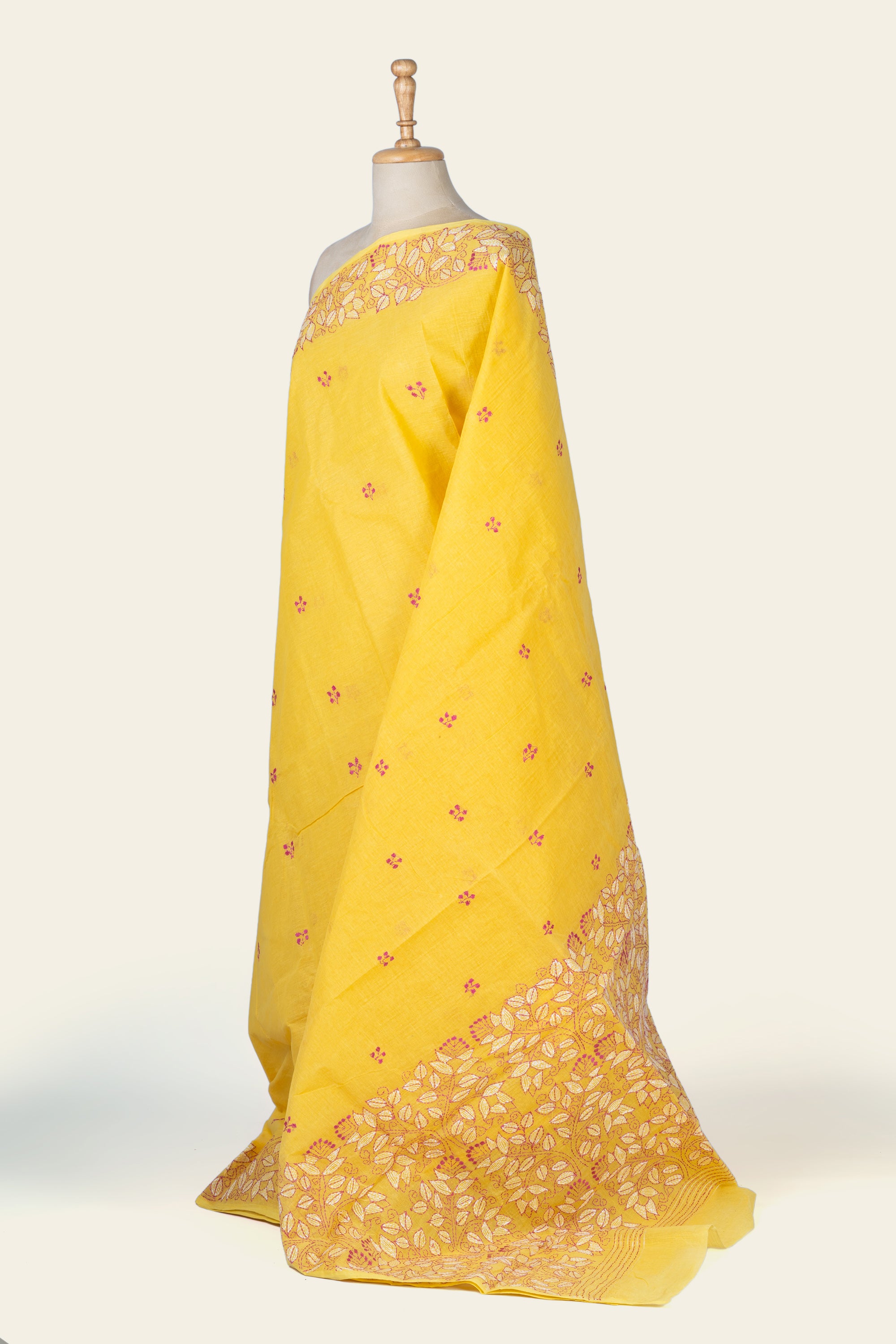 Daffodil Yellow Bengal Kantha Stitch Pure Cotton Saree