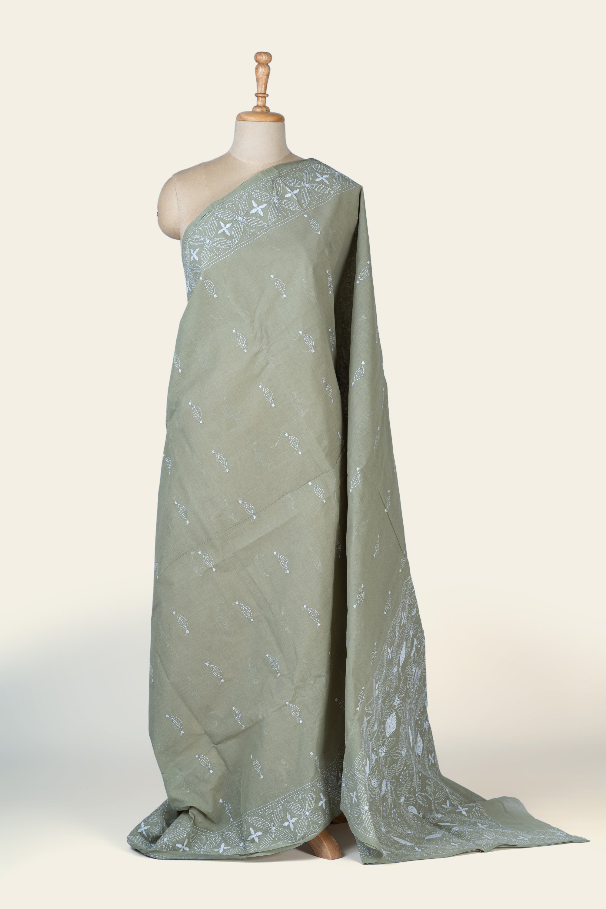 Olive Beige Bengal Kantha Stitch Pure Cotton Saree