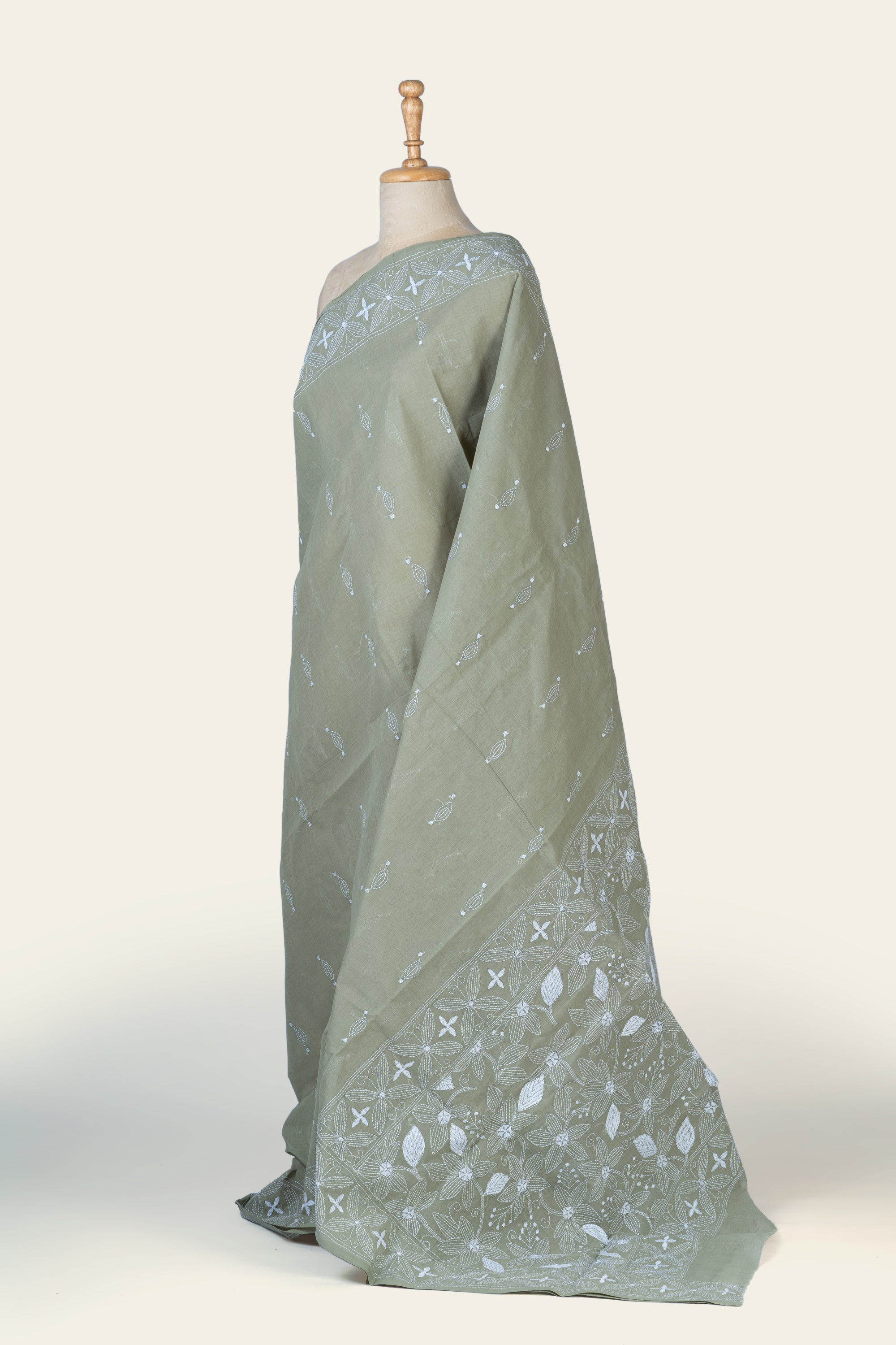 Olive Beige Bengal Kantha Stitch Pure Cotton Saree