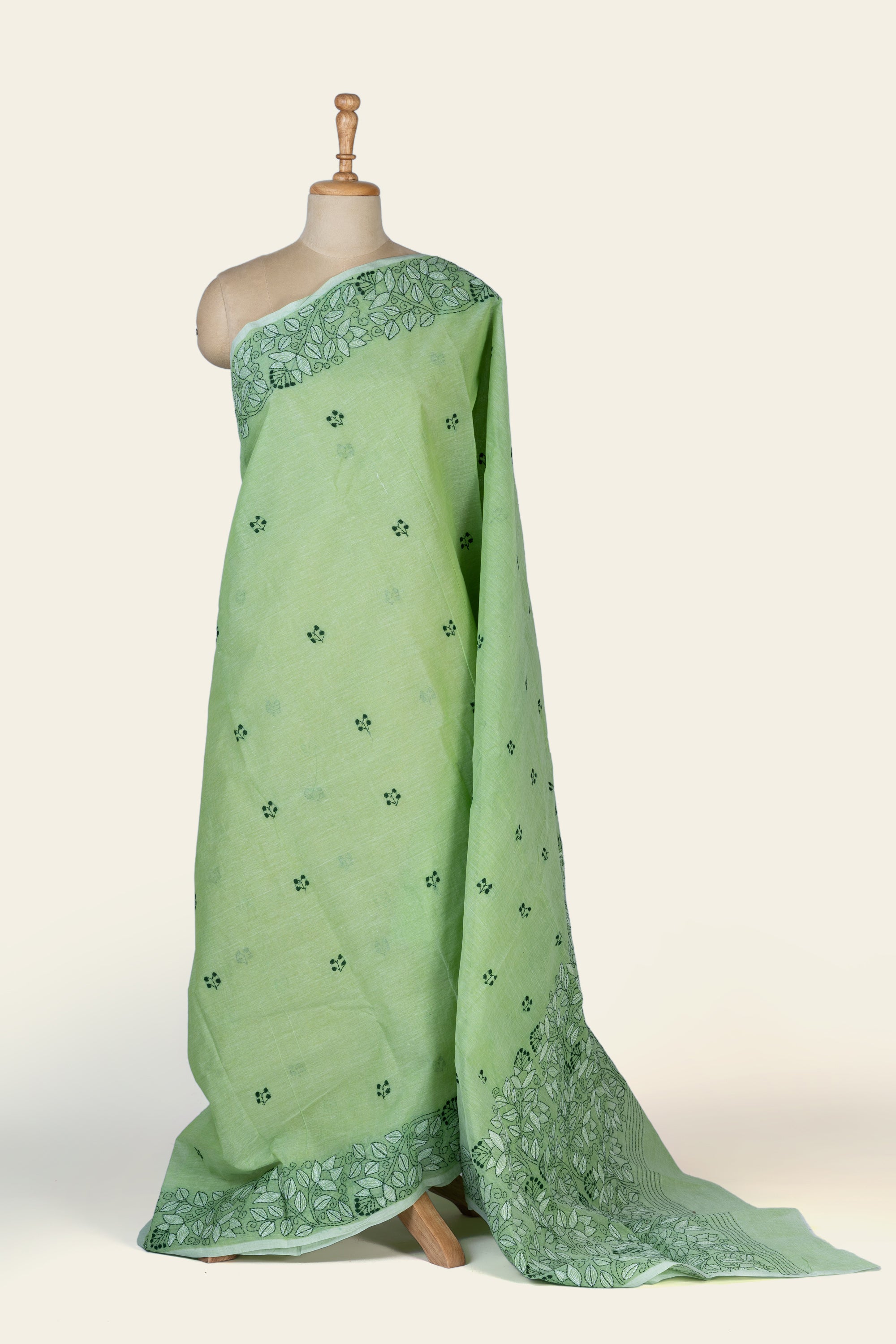 Garden Green Bengal Kantha Stitch Pure Cotton Saree