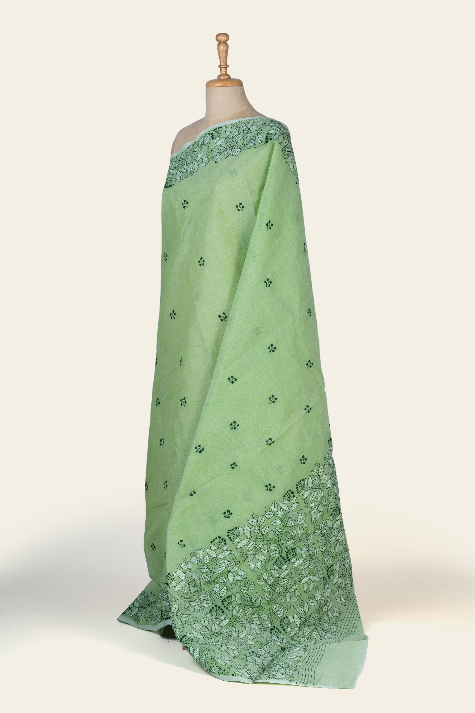 Garden Green Bengal Kantha Stitch Pure Cotton Saree