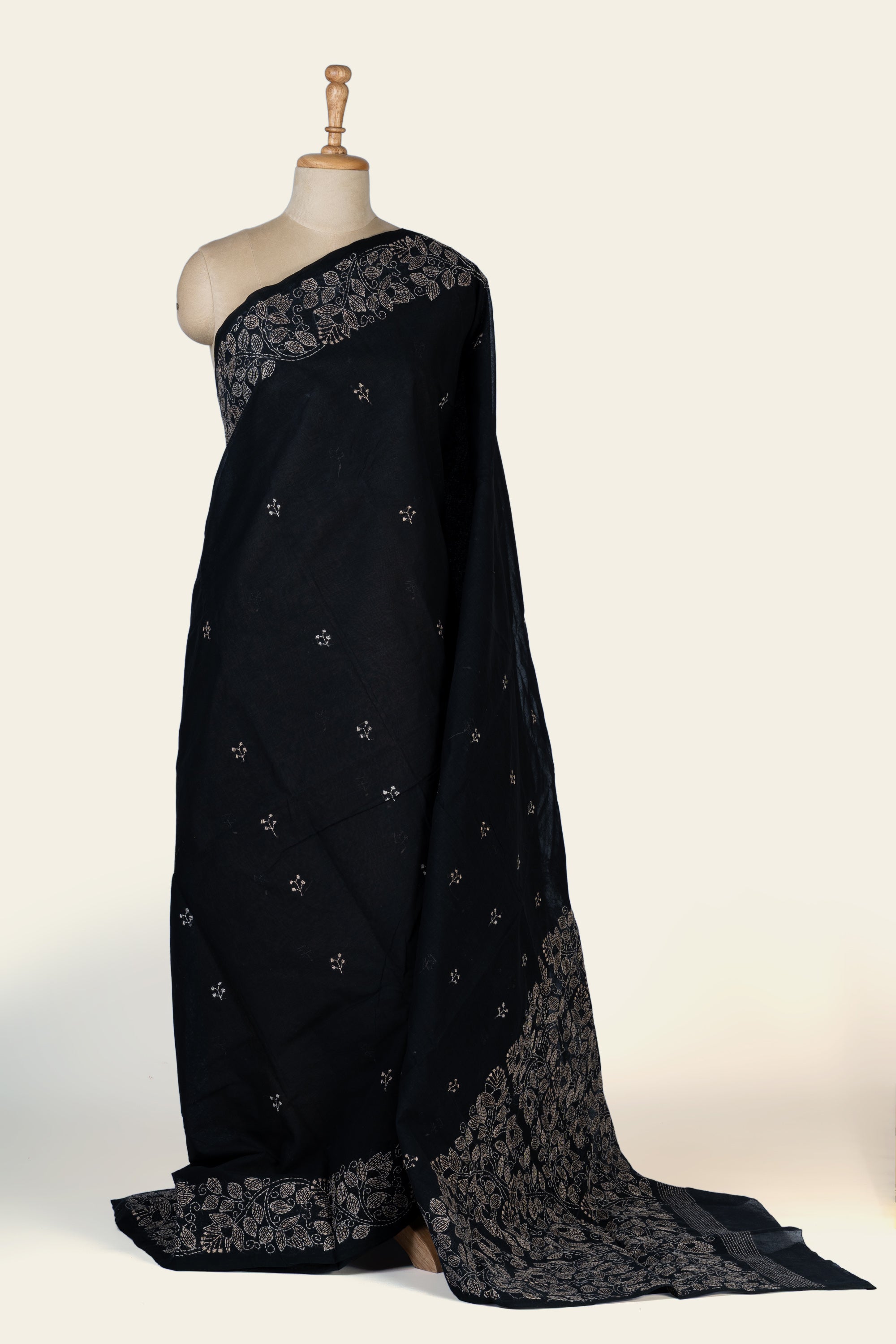 Black Bengal Kantha Stitch Pure Cotton Saree
